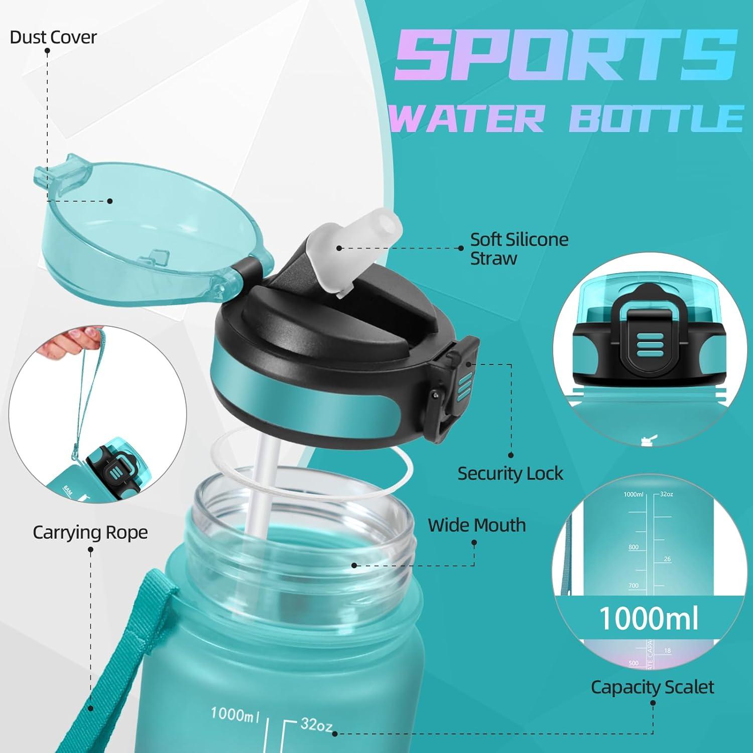 image:imageBouteille deau de 1 l avec paille et indicateur de temps antifuite pour la course le camping et la randonne bouteille de sportVertrose