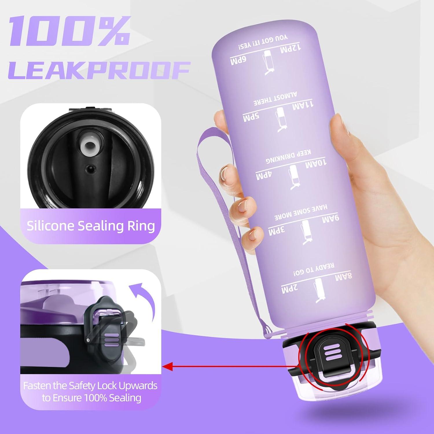 image:imageBouteille deau de 1 l avec paille et indicateur de temps antifuite pour la course le camping et la randonne bouteille de sportViolet