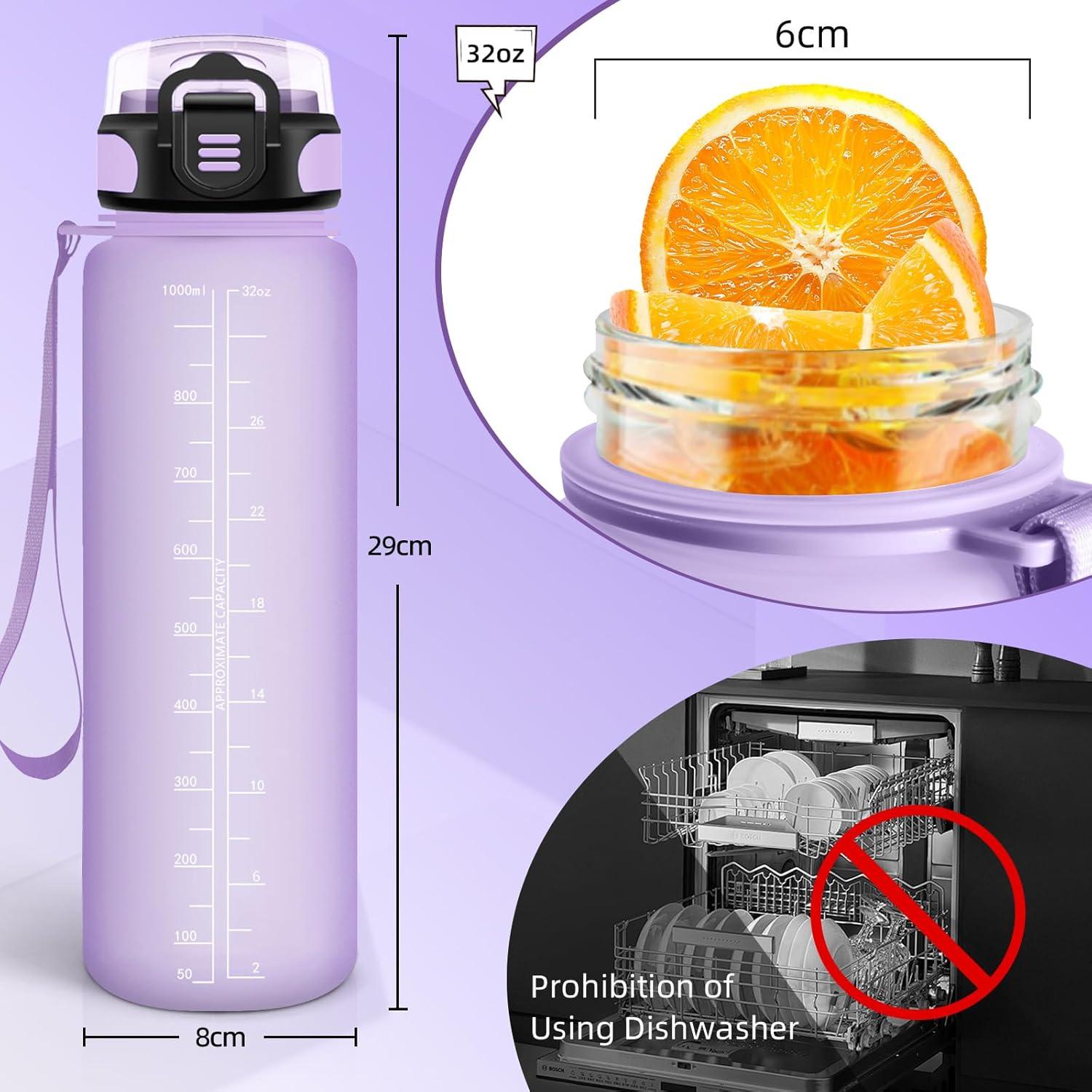 image:imageBouteille deau de 1 l avec paille et indicateur de temps antifuite pour la course le camping et la randonne bouteille de sportViolet