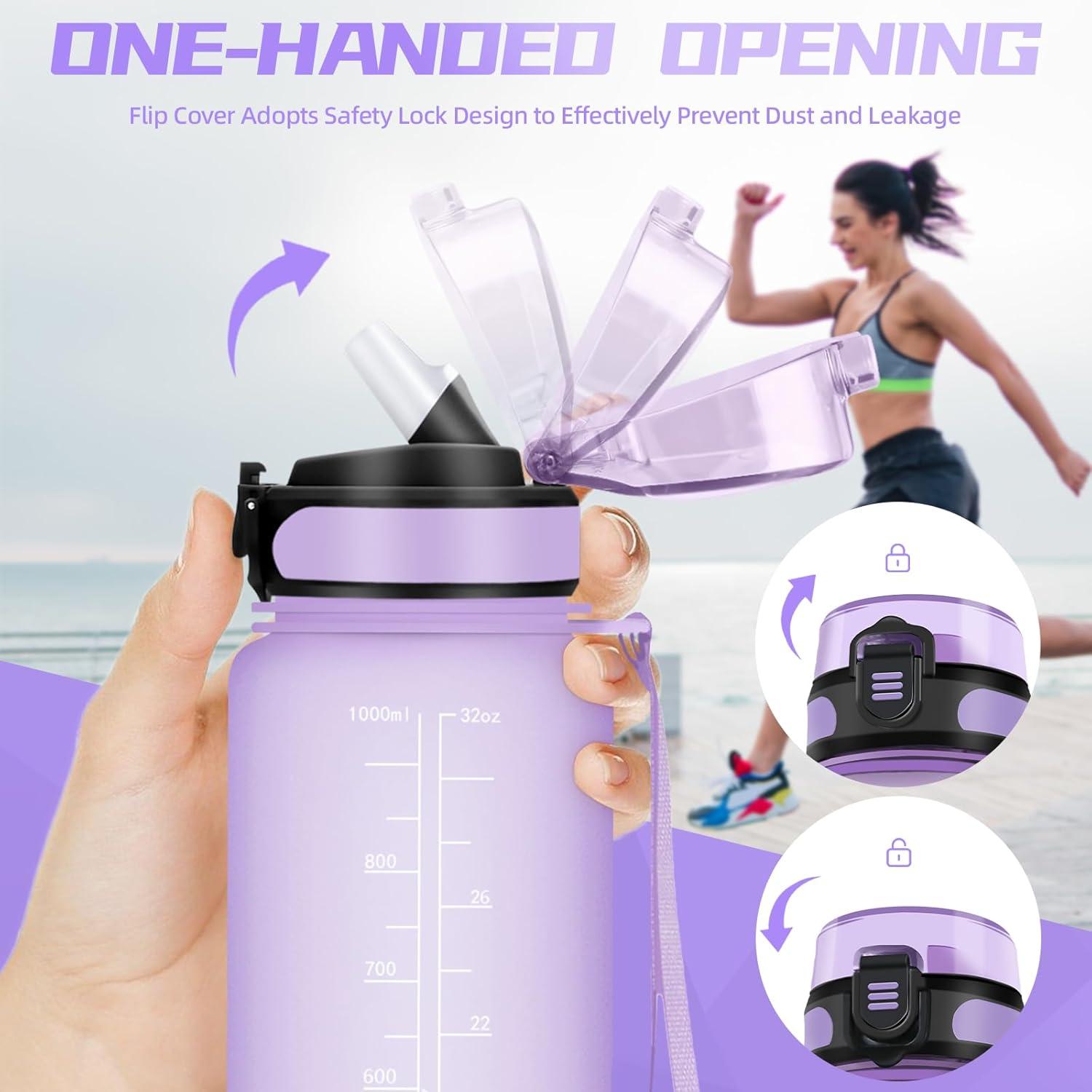 image:imageBouteille deau de 1 l avec paille et indicateur de temps antifuite pour la course le camping et la randonne bouteille de sportViolet