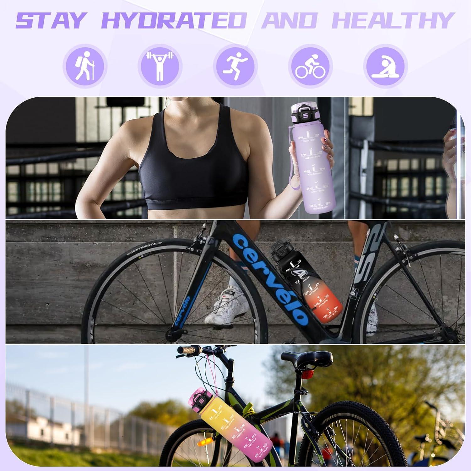image:imageBouteille deau de 1 l avec paille et indicateur de temps antifuite pour la course le camping et la randonne bouteille de sportViolet