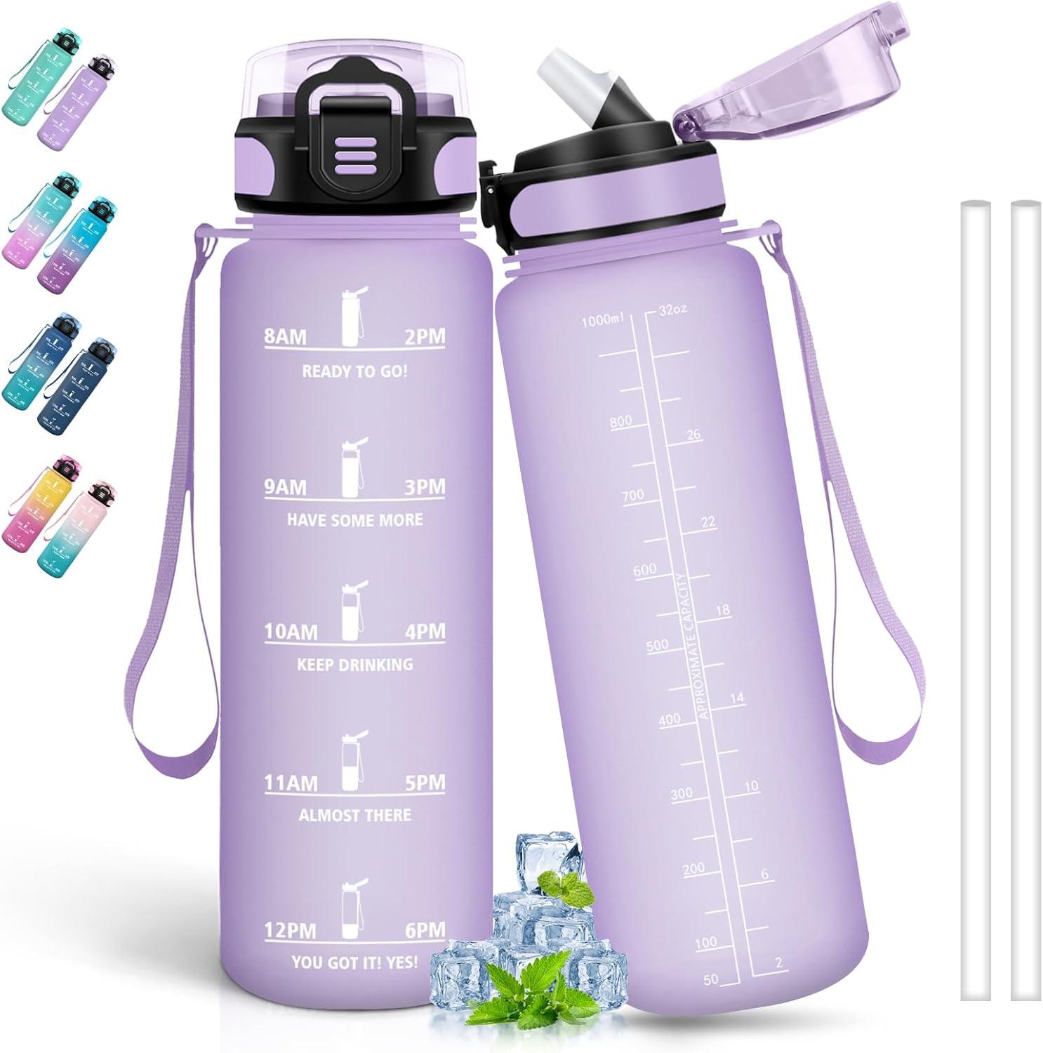 image:imageBouteille deau de 1 l avec paille et indicateur de temps antifuite pour la course le camping et la randonne bouteille de sportViolet