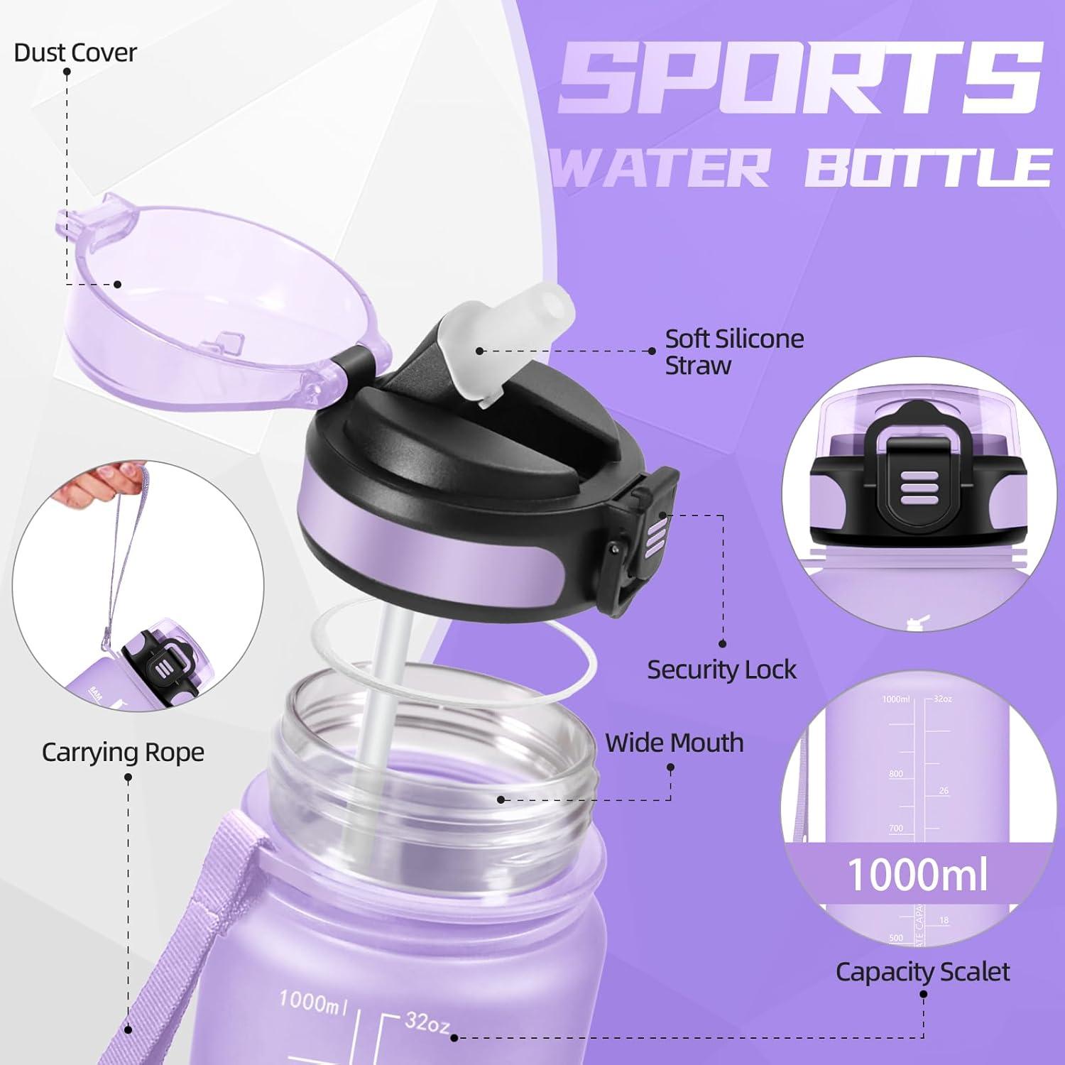 image:imageBouteille deau de 1 l avec paille et indicateur de temps antifuite pour la course le camping et la randonne bouteille de sportViolet