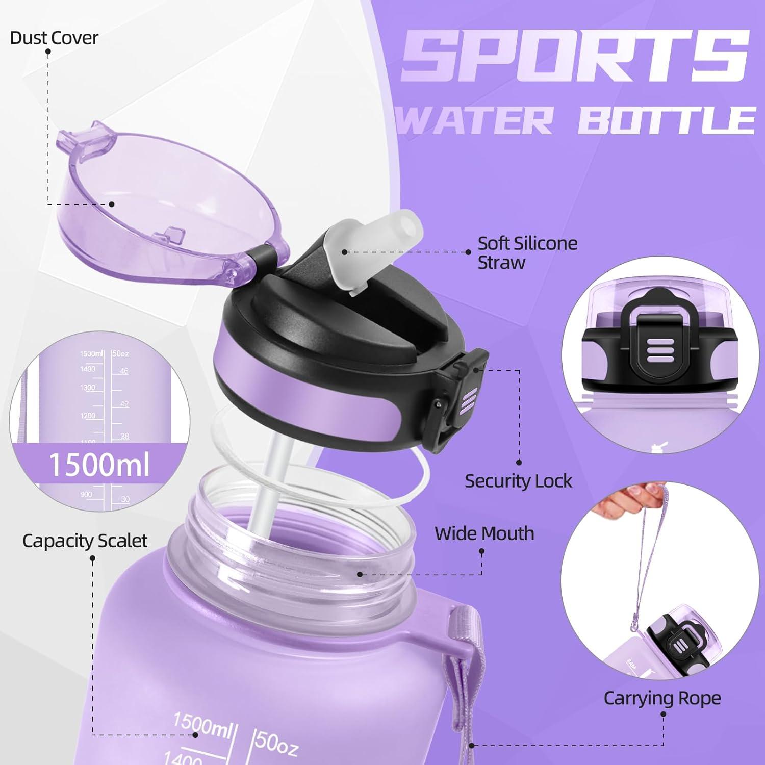image:imageBouteille deau de 1 l avec paille et indicateur de temps antifuite pour la course le camping et la randonne bouteille de sportVioletsh