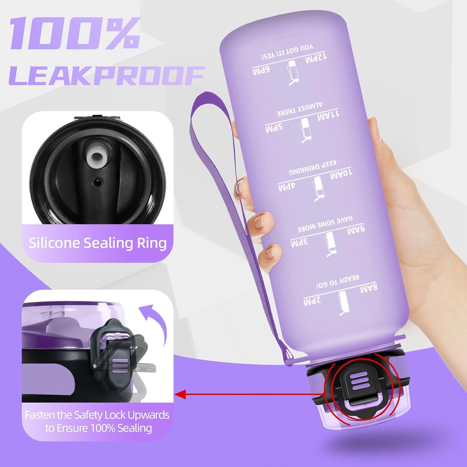 image:imageBouteille deau de 1 l avec paille et indicateur de temps antifuite pour la course le camping et la randonne bouteille de sportVioletsh