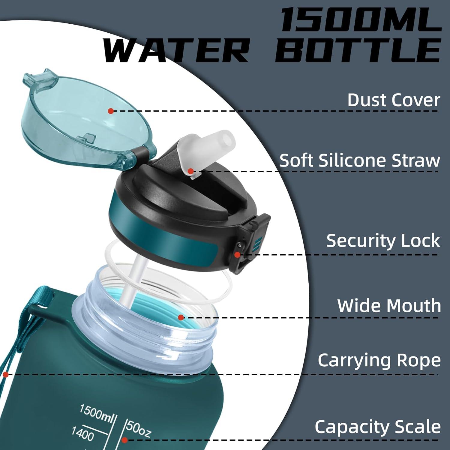 image:imageGrsta Gourde 15l Gourde Sport Anti Fuite Bouteille Gradue pour 1 Journee Facile Nettoyer Bouteille Motivation avec Marqueur de Temps pour Aptitude Randonne Camping Voyage YogaVertgris