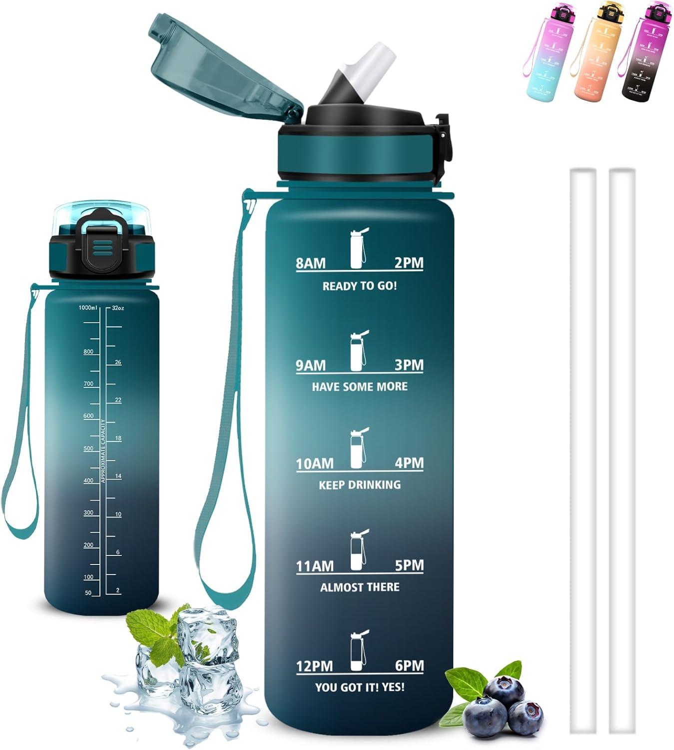 image:imageGrsta Gourde 15l Gourde Sport Anti Fuite Bouteille Gradue pour 1 Journee Facile Nettoyer Bouteille Motivation avec Marqueur de Temps pour Aptitude Randonne Camping Voyage YogaVertgris