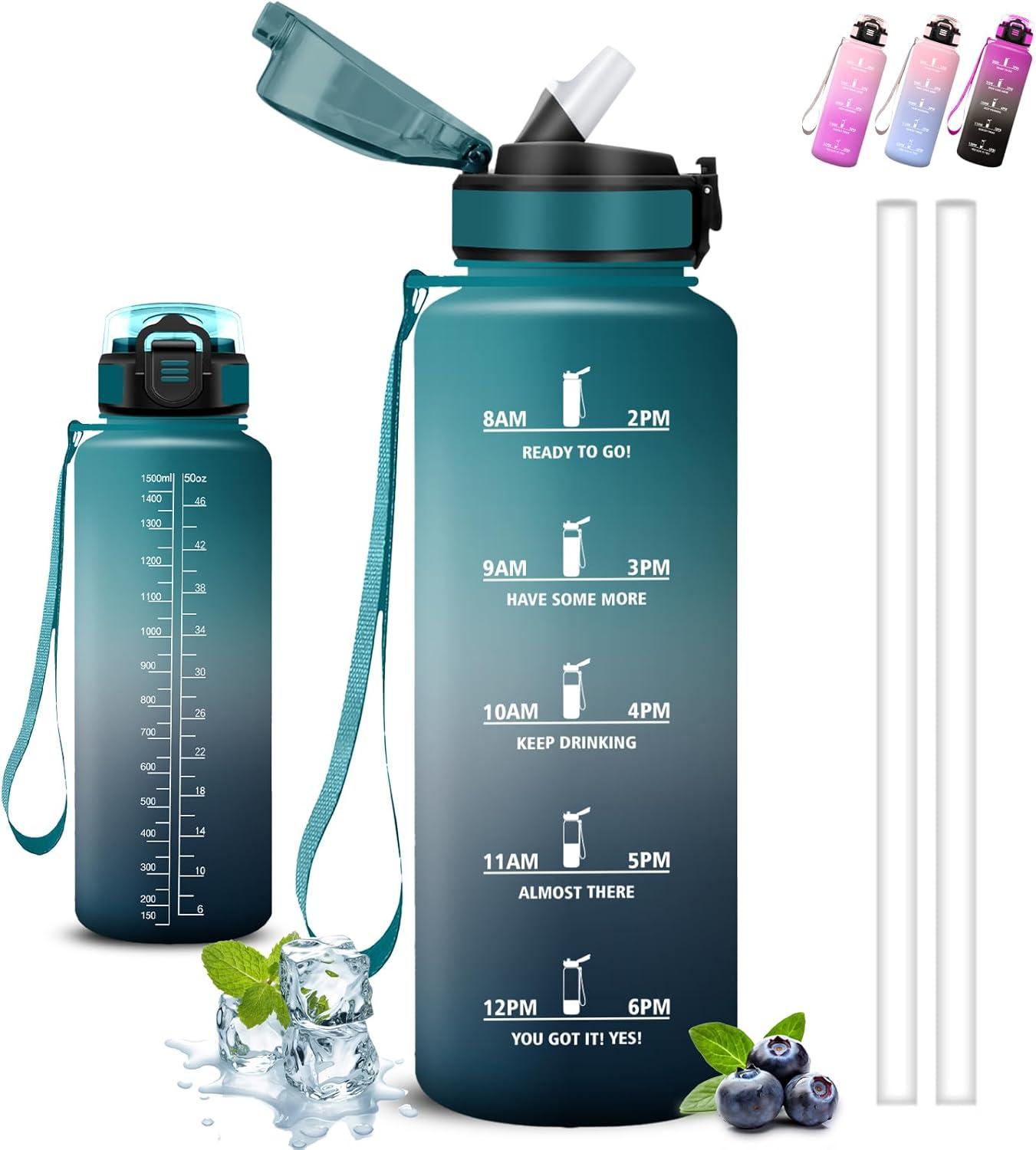 image:imageGrsta Gourde 15l Gourde Sport Anti Fuite Bouteille Gradue pour 1 Journee Facile Nettoyer Bouteille Motivation avec Marqueur de Temps pour Aptitude Randonne Camping Voyage YogaVertgris