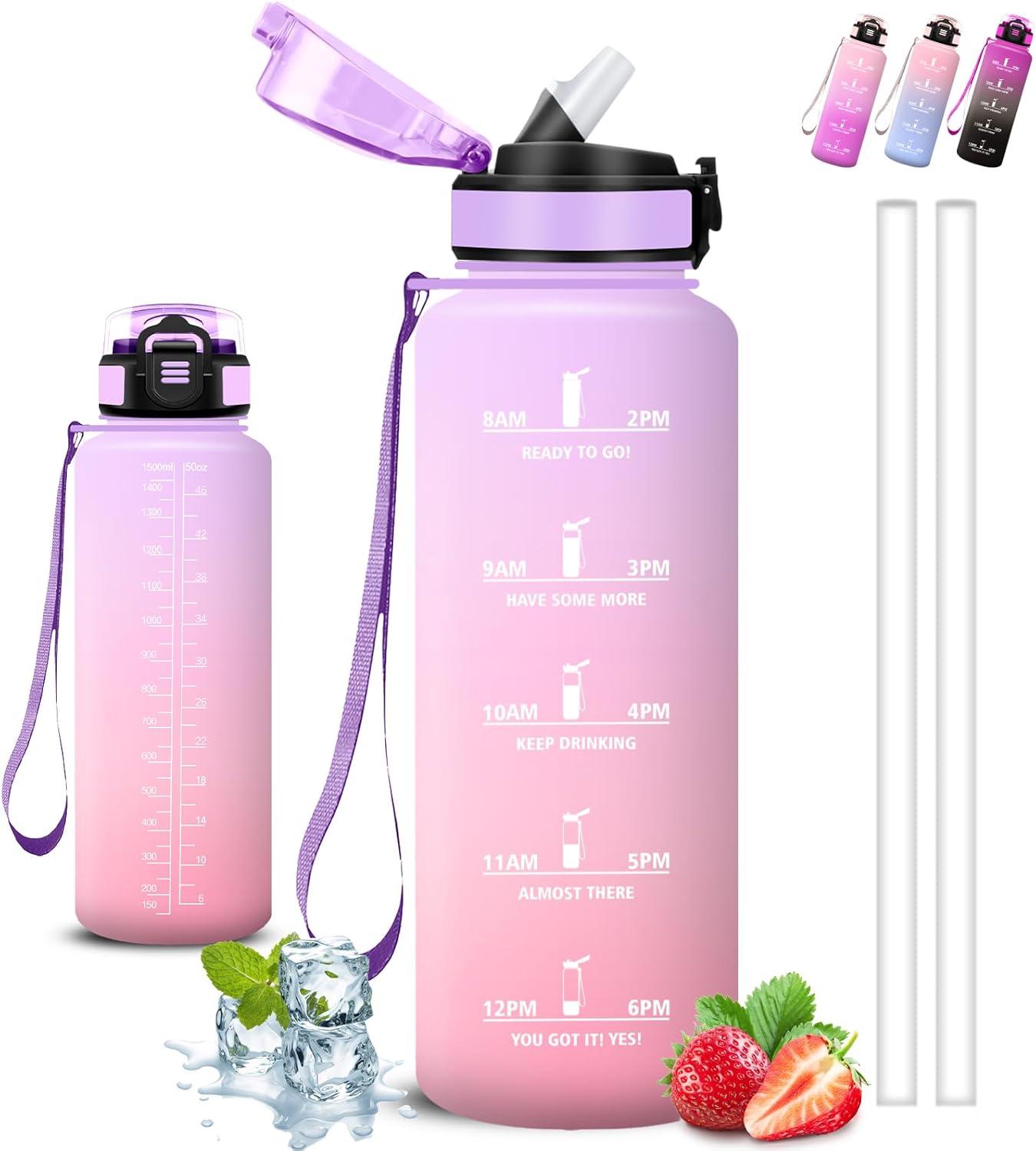 image:imageGrsta Gourde 15l Gourde Sport Anti Fuite Bouteille Gradue pour 1 Journee Facile Nettoyer Bouteille Motivation avec Marqueur de Temps pour Aptitude Randonne Camping Voyage YogaVioletrose