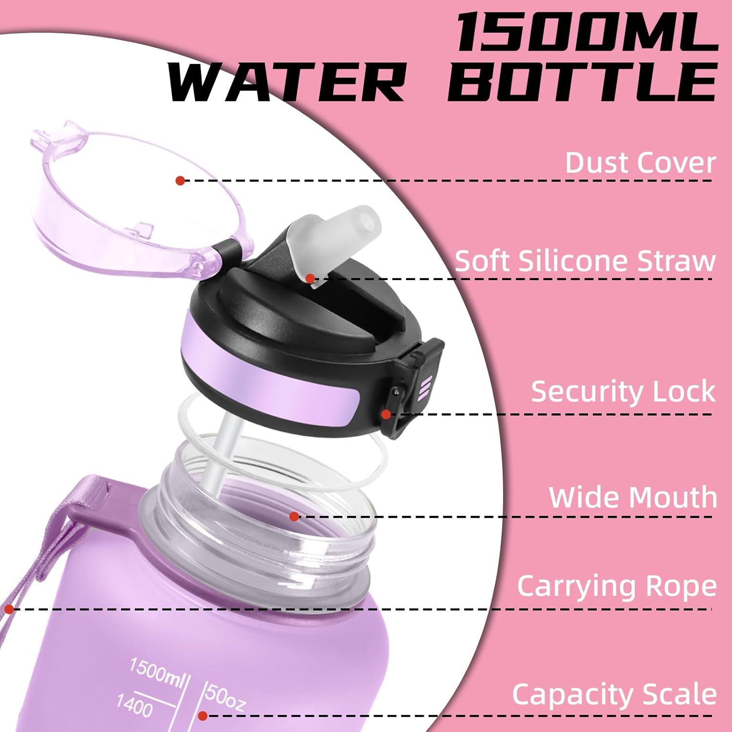 image:imageGrsta Gourde 15l Gourde Sport Anti Fuite Bouteille Gradue pour 1 Journee Facile Nettoyer Bouteille Motivation avec Marqueur de Temps pour Aptitude Randonne Camping Voyage YogaVioletrose