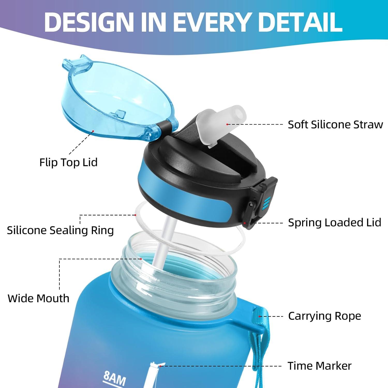 image:imageHoneyHolly Gourde 15L Bouteille Gourde Sport avec Paille Gourde Motivation avec Marqueur de Temps Bouteille deau tanche Bouteille deau pour Randonne Camping Fitness CyclismeBleu Violet1 5 L