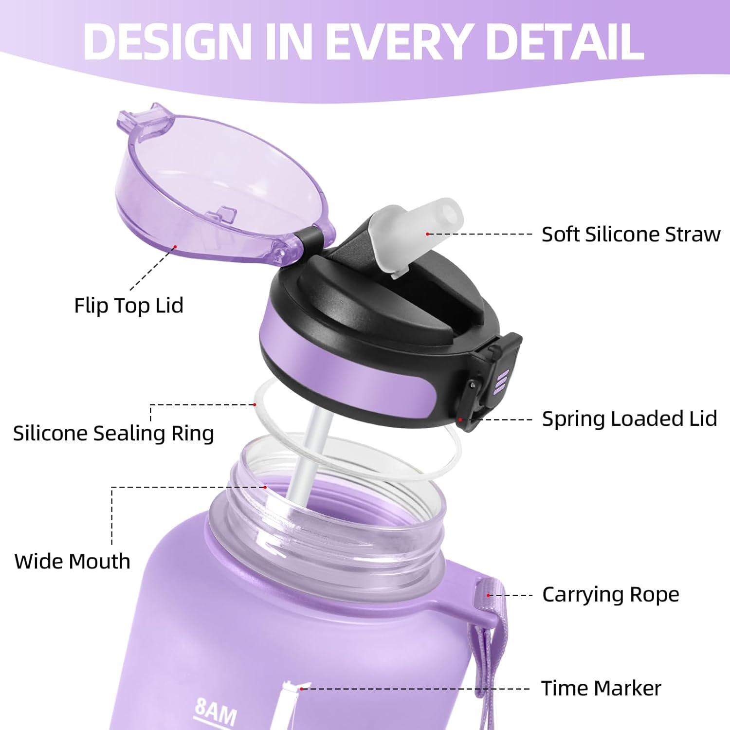 image:imageHoneyHolly Gourde 15L Bouteille Gourde Sport avec Paille Gourde Motivation avec Marqueur de Temps Bouteille deau tanche Bouteille deau pour Randonne Camping Fitness CyclismeViolet Clair1 5 L