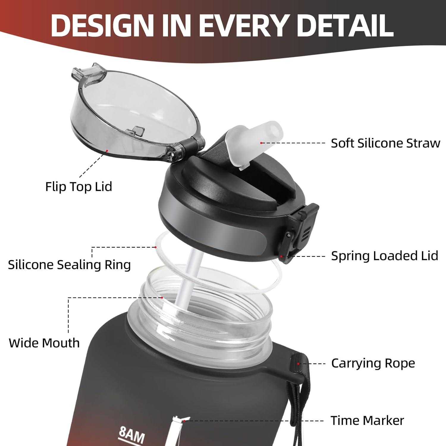image:imageHoneyHolly Gourde 15L Bouteille Gourde Sport avec Paille Gourde Motivation avec Marqueur de Temps Bouteille deau tanche Bouteille deau pour Randonne Camping Fitness CyclismeNoir Rouge1 5 L