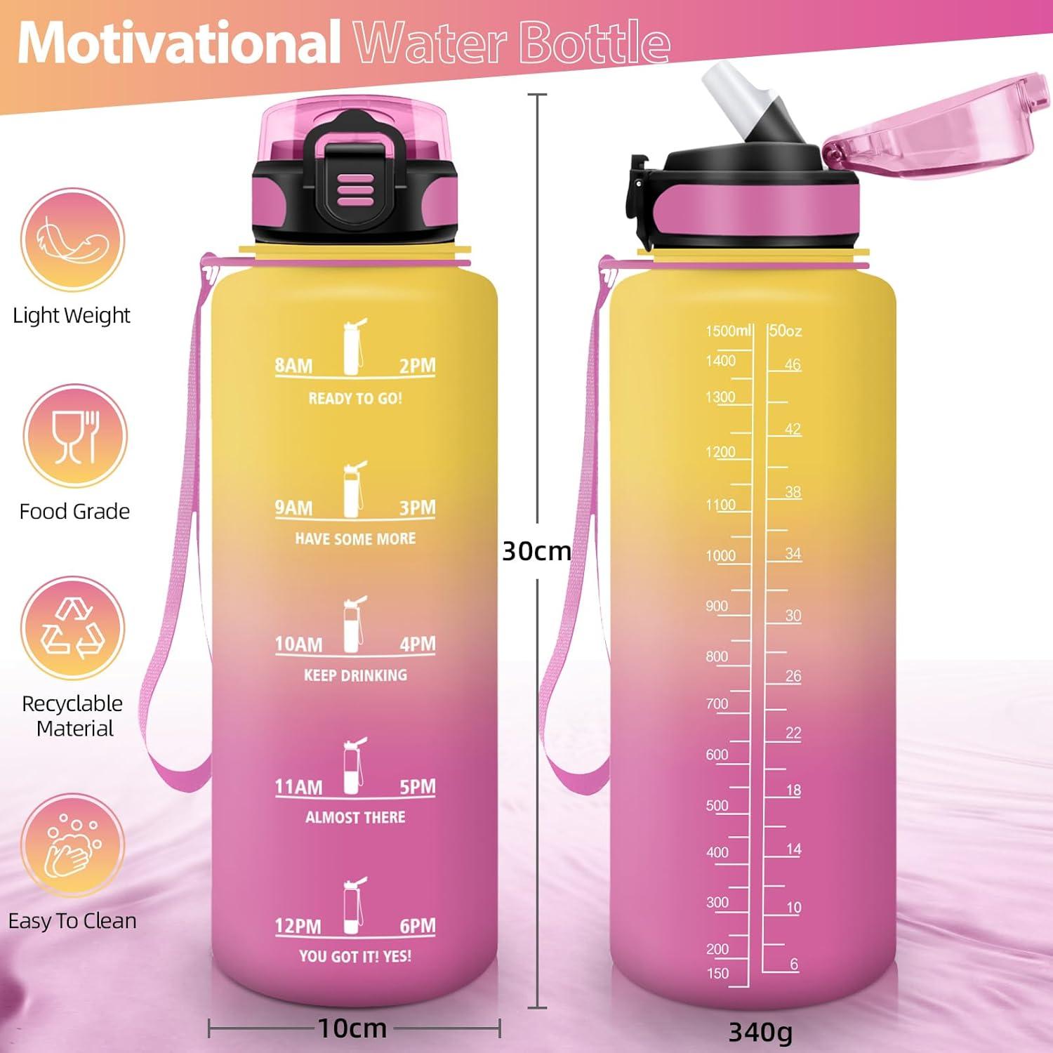 image:imageHoneyHolly Gourde 15L Bouteille Gourde Sport avec Paille Gourde Motivation avec Marqueur de Temps Bouteille deau tanche Bouteille deau pour Randonne Camping Fitness CyclismeJaune Rose1 5 L