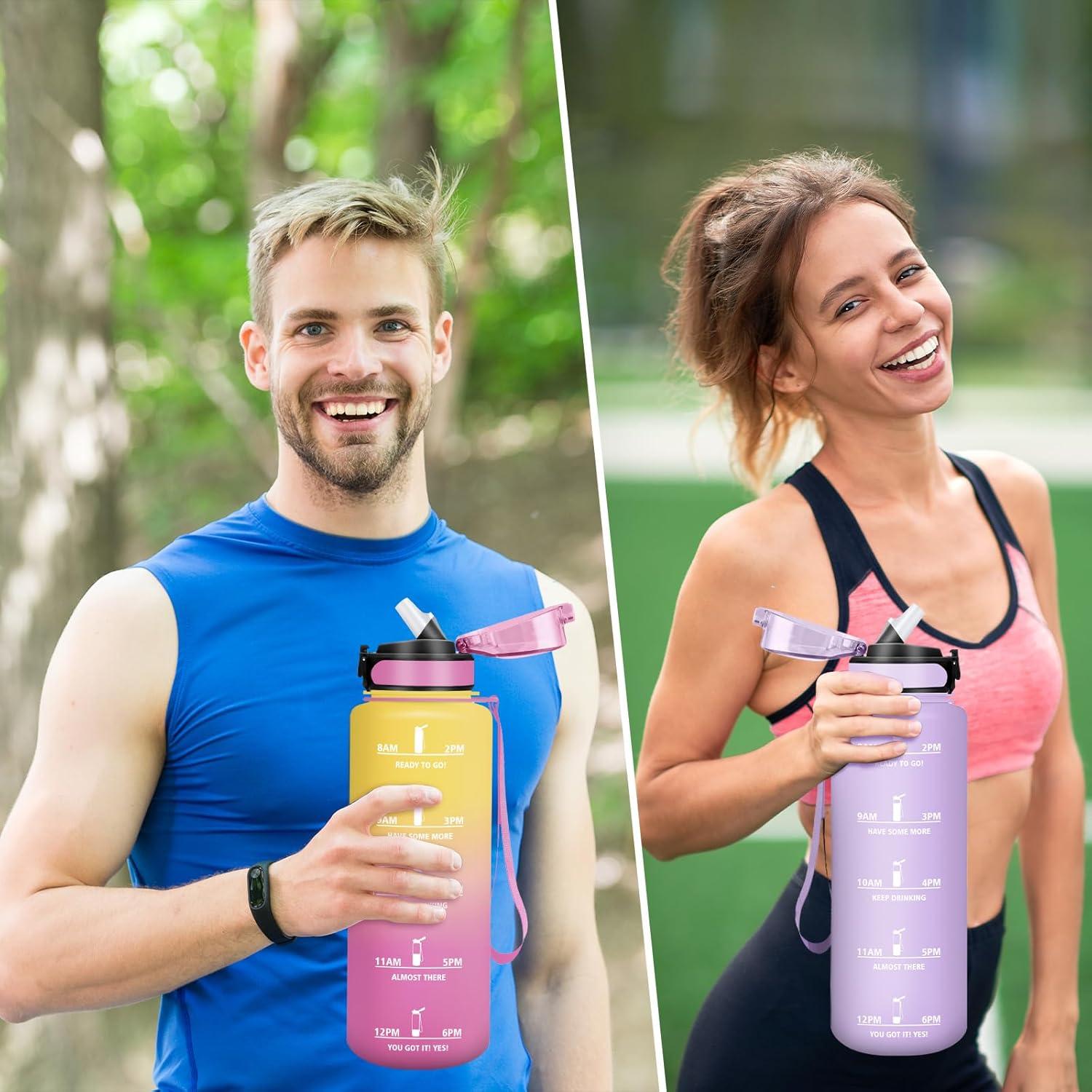 image:imageHoneyHolly Gourde 15L Bouteille Gourde Sport avec Paille Gourde Motivation avec Marqueur de Temps Bouteille deau tanche Bouteille deau pour Randonne Camping Fitness CyclismeJaune Rose1 5 L