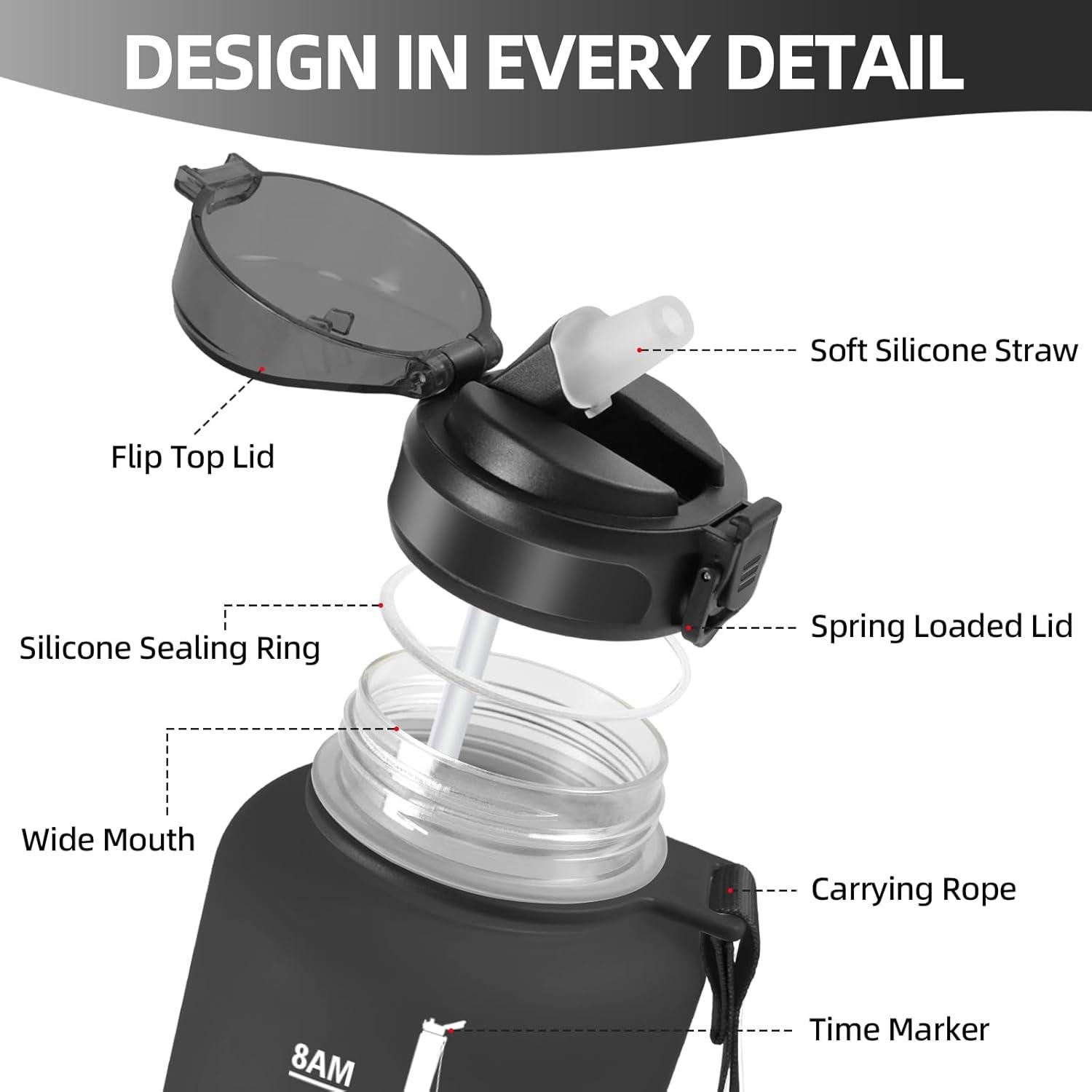 image:imageHoneyHolly Gourde 15L Bouteille Gourde Sport avec Paille Gourde Motivation avec Marqueur de Temps Bouteille deau tanche Bouteille deau pour Randonne Camping Fitness CyclismeNoir1 5 L