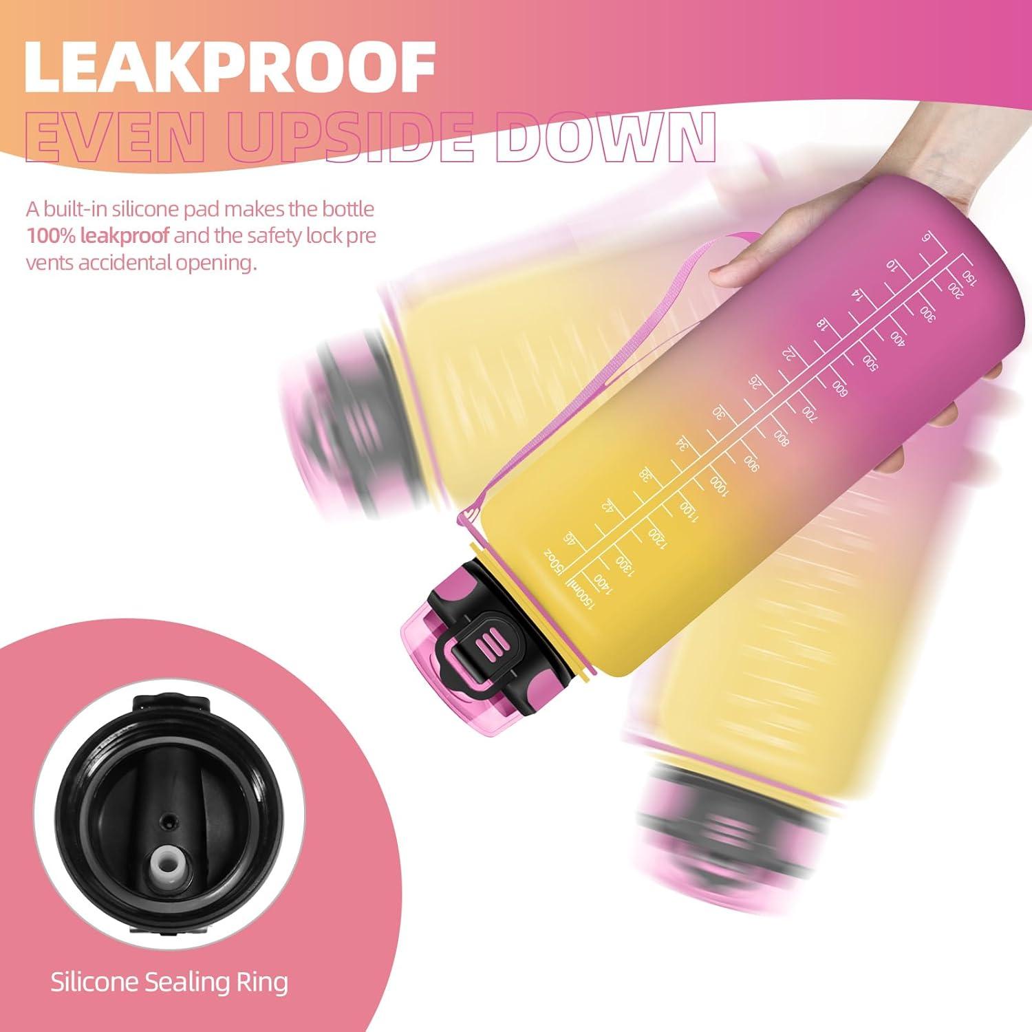 image:imageHoneyHolly Gourde 15L Bouteille Gourde Sport avec Paille Gourde Motivation avec Marqueur de Temps Bouteille deau tanche Bouteille deau pour Randonne Camping Fitness CyclismeJaune Rose1 5 L