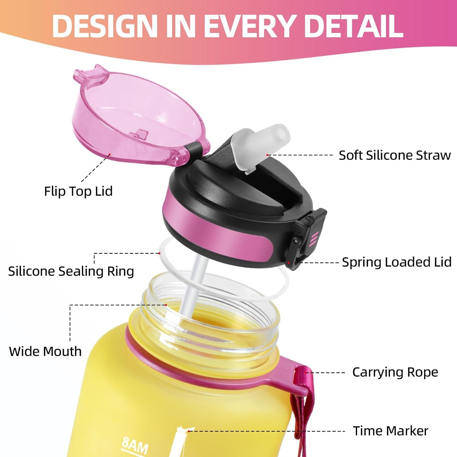 image:imageHoneyHolly Gourde 15L Bouteille Gourde Sport avec Paille Gourde Motivation avec Marqueur de Temps Bouteille deau tanche Bouteille deau pour Randonne Camping Fitness CyclismeJaune Rose1 5 L