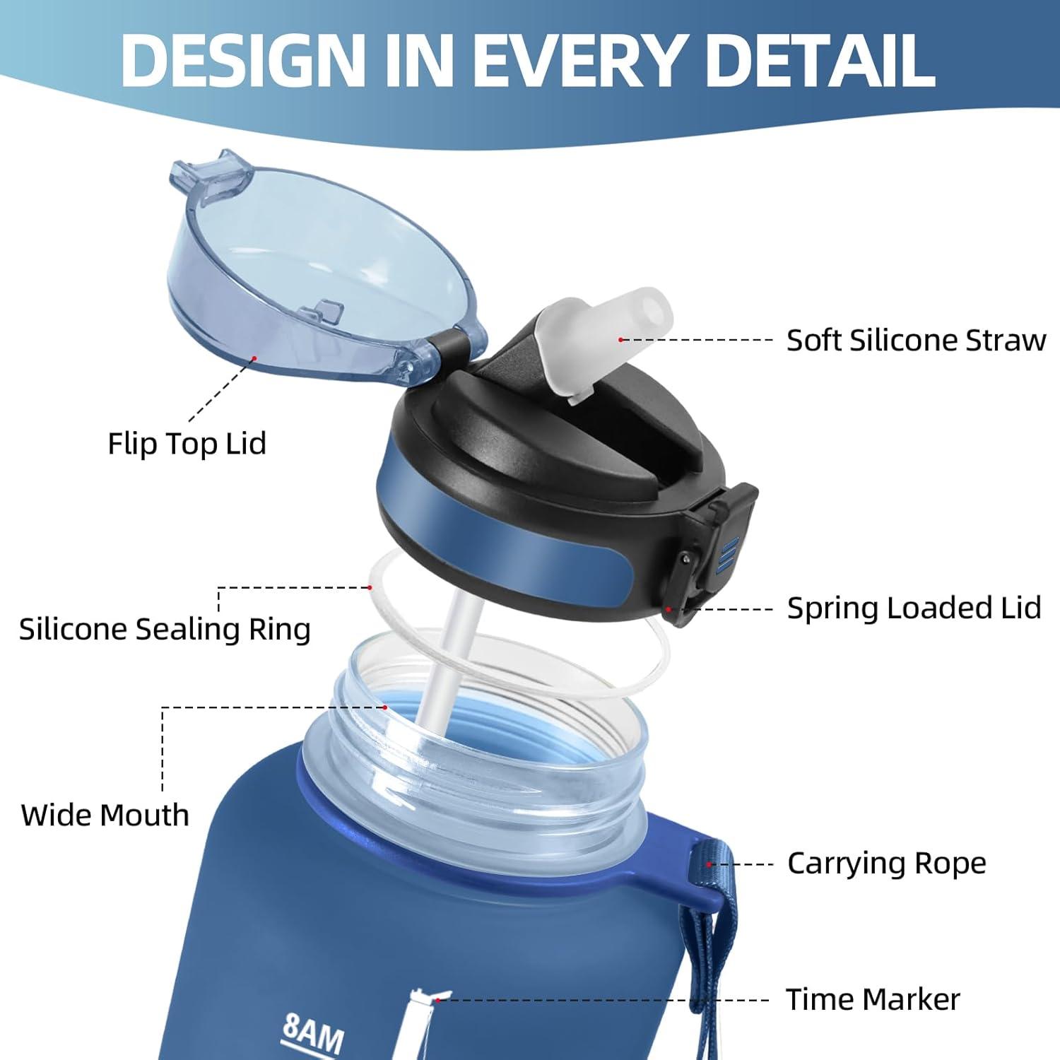image:imageHoneyHolly Gourde 15L Bouteille Gourde Sport avec Paille Gourde Motivation avec Marqueur de Temps Bouteille deau tanche Bouteille deau pour Randonne Camping Fitness CyclismeBleu Vert1 5 L