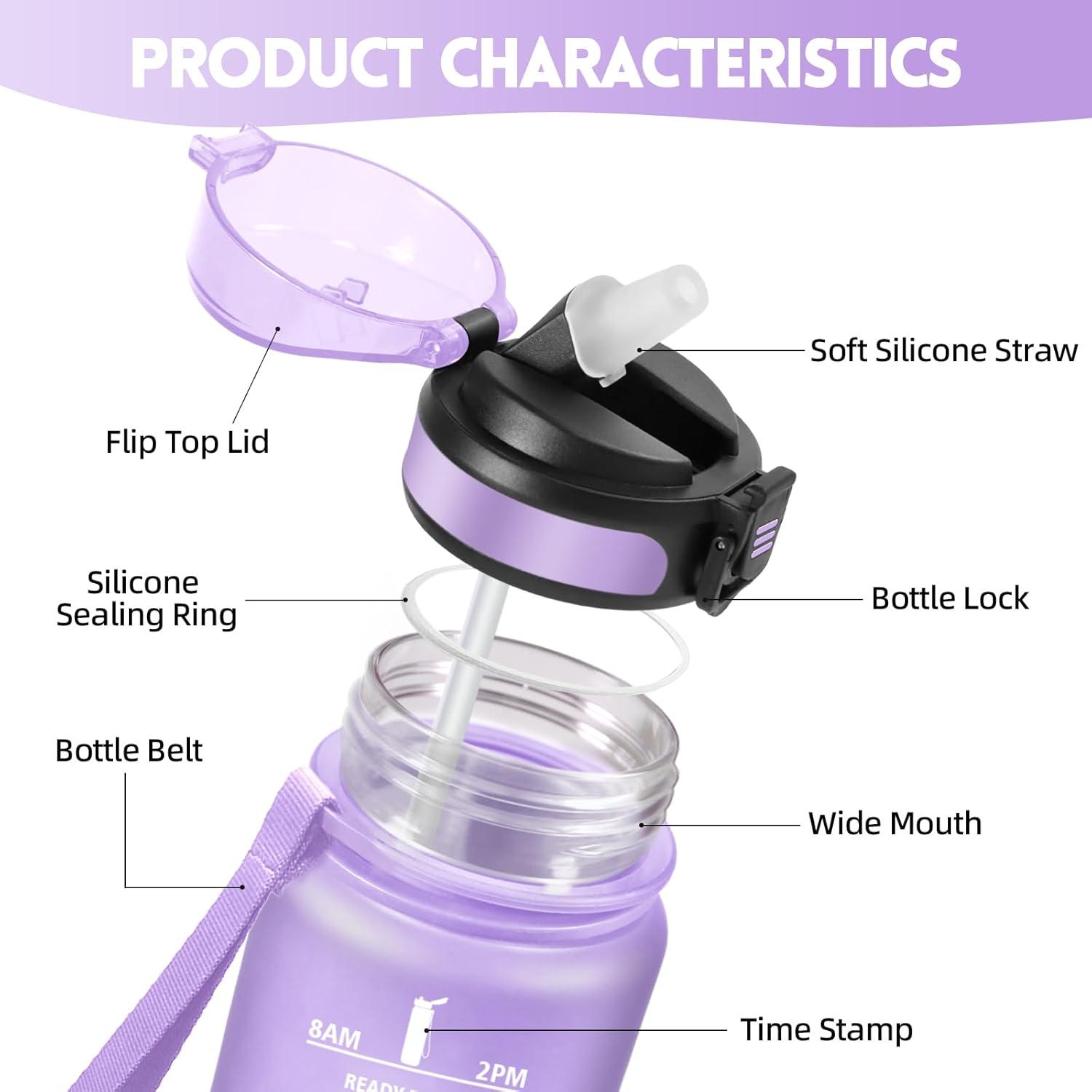 image:imageHoneyHolly Gourde 15L Bouteille Gourde Sport avec Paille Gourde Motivation avec Marqueur de Temps Bouteille deau tanche Bouteille deau pour Randonne Camping Fitness CyclismeViolet Clair1l