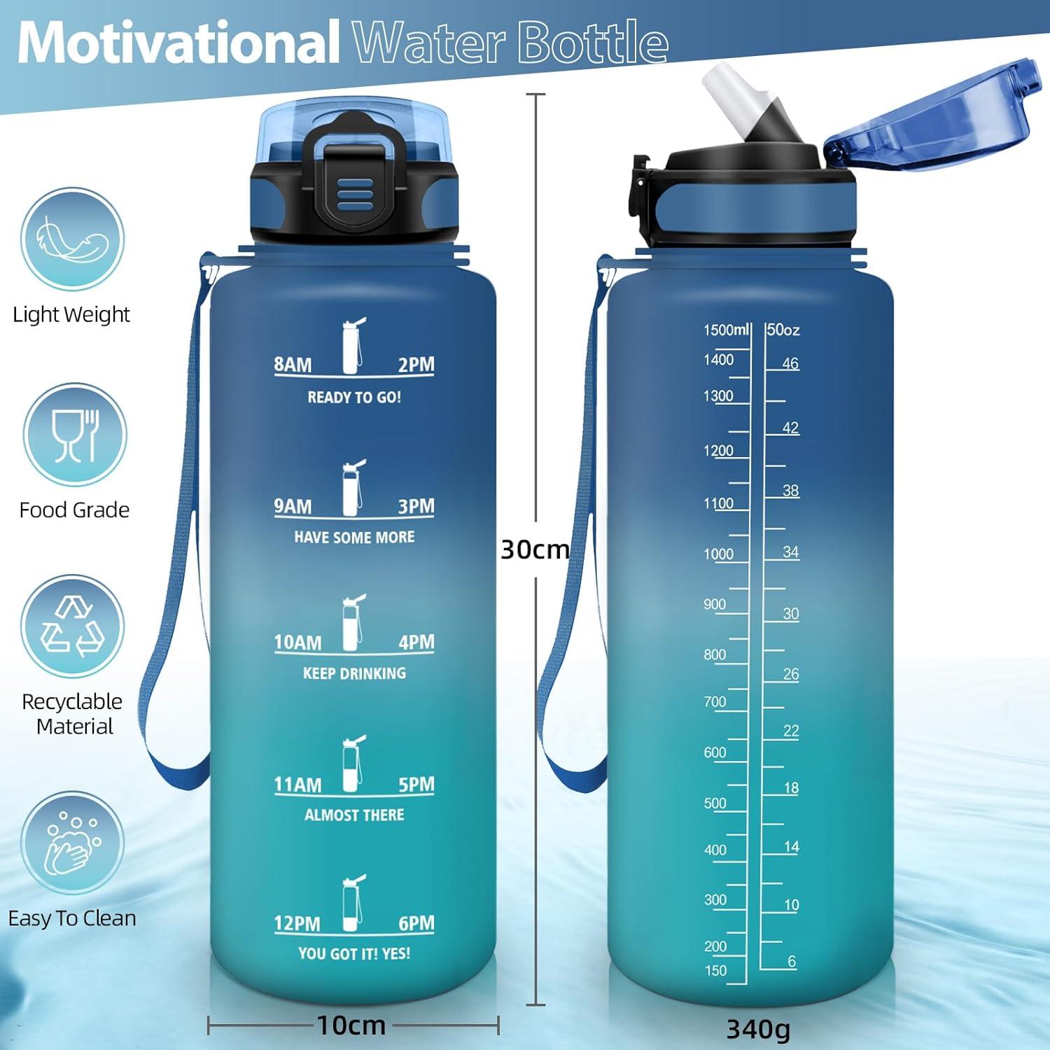 image:imageHoneyHolly Gourde 15L Bouteille Gourde Sport avec Paille Gourde Motivation avec Marqueur de Temps Bouteille deau tanche Bouteille deau pour Randonne Camping Fitness CyclismeBleu Vert1 5 L