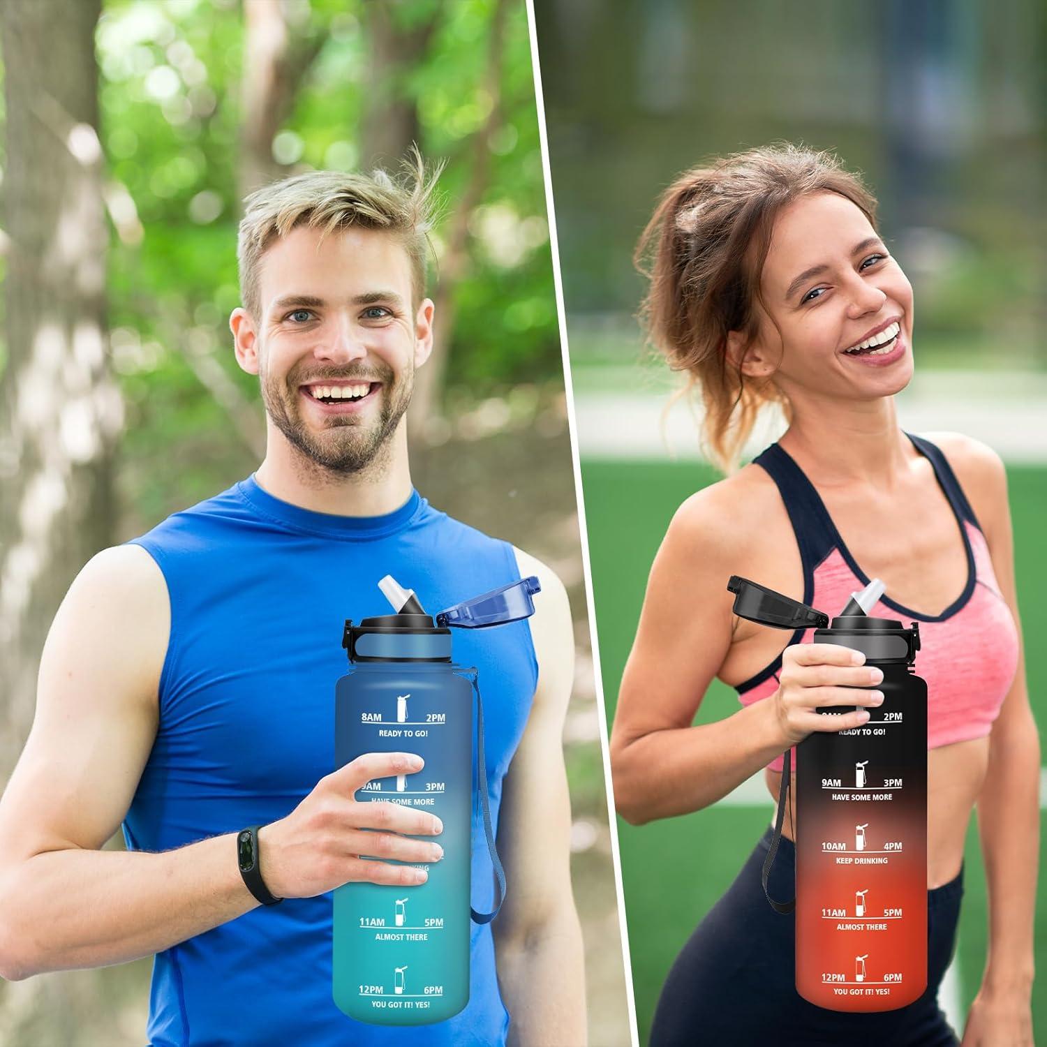 image:imageHoneyHolly Gourde 15L Bouteille Gourde Sport avec Paille Gourde Motivation avec Marqueur de Temps Bouteille deau tanche Bouteille deau pour Randonne Camping Fitness CyclismeBleu Vert1 5 L
