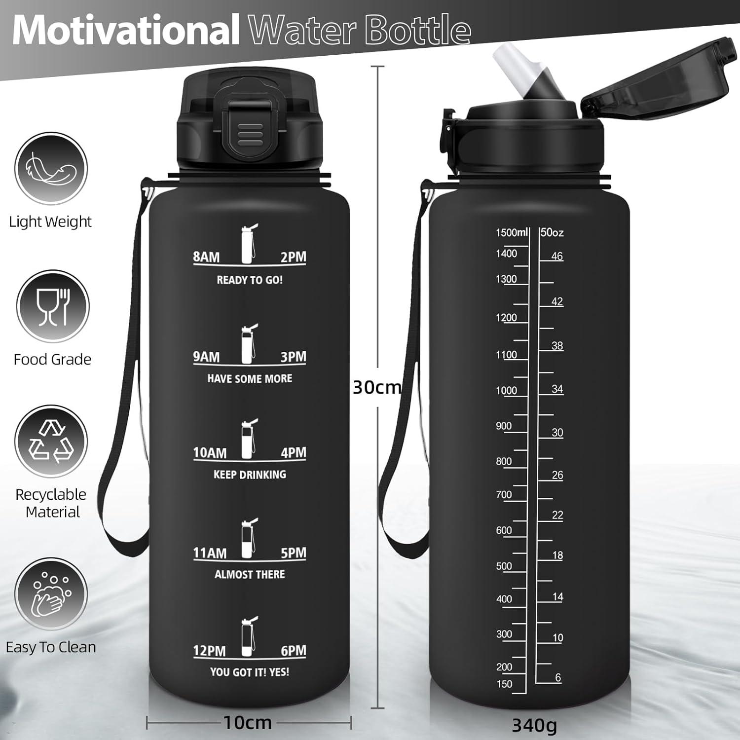 image:imageHoneyHolly Gourde 15L Bouteille Gourde Sport avec Paille Gourde Motivation avec Marqueur de Temps Bouteille deau tanche Bouteille deau pour Randonne Camping Fitness CyclismeNoir1 5 L