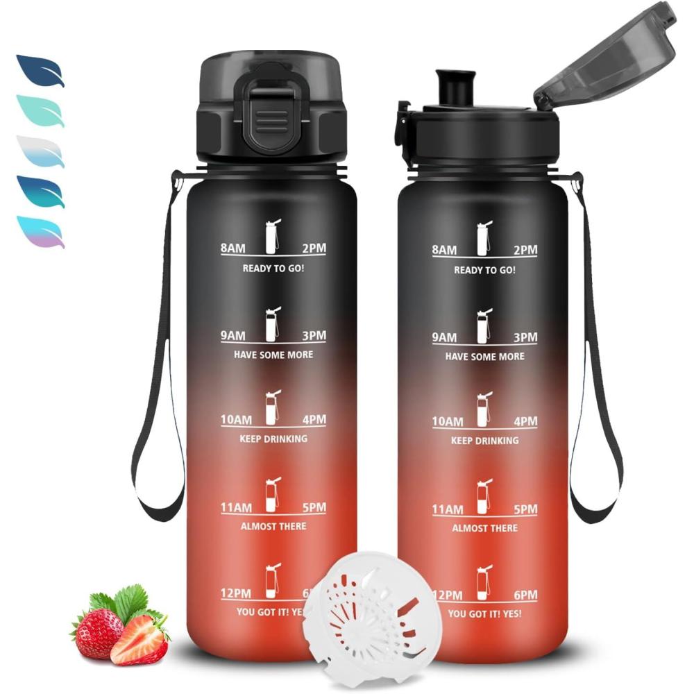 image:imageBouteille Gourde 1l Gourde Sport AntiFuite Facile Nettoyer Water Bottle Motivation avec Slogan de Motivation Bouteille Gradue pour 1 Journee Water Bottle pour Running Voyage cole SportNoirrouge