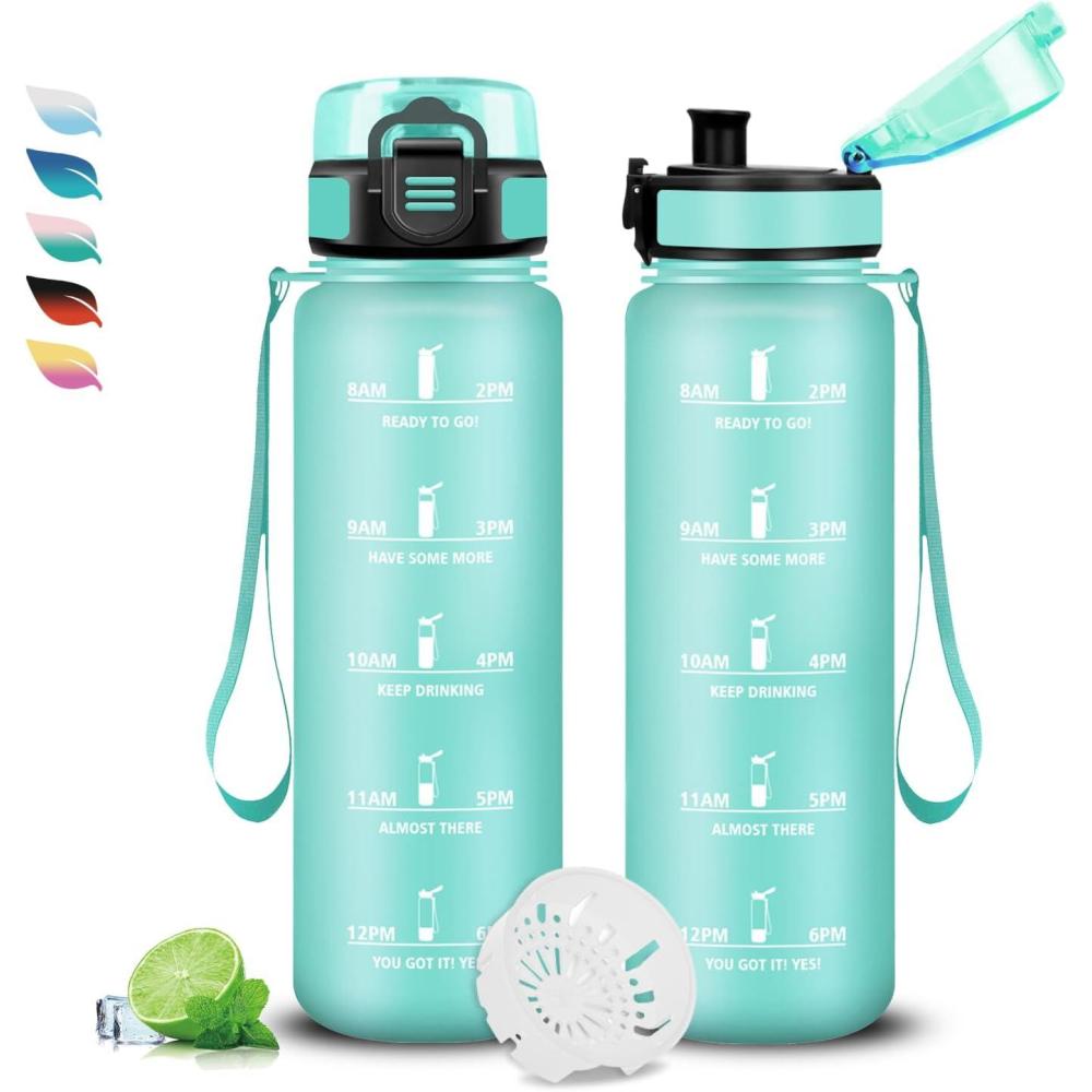 image:imageBouteille Gourde 1l Gourde Sport AntiFuite Facile  Nettoyer Water Bottle Motivation avec Slogan de Motivation Bouteille Gradue pour 1 Journee Water Bottle pour Running Voyage cole SportCyanbleu