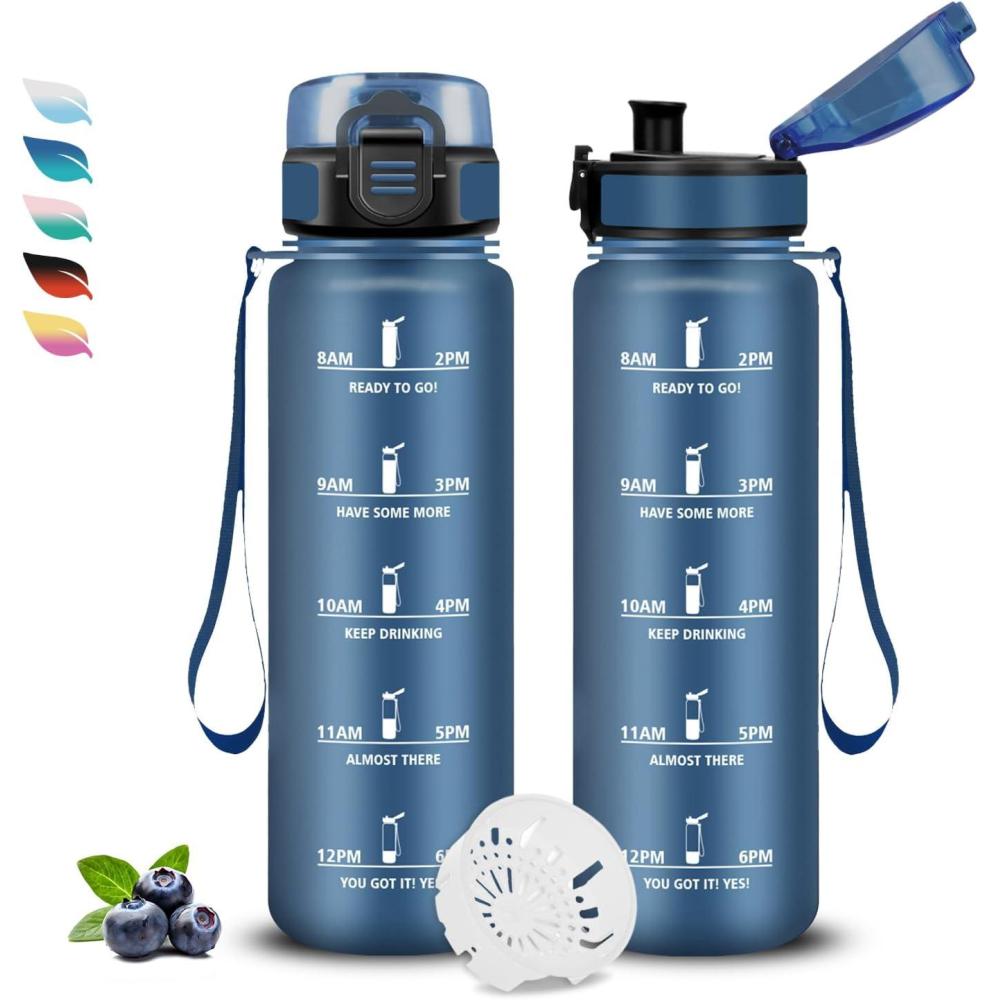 image:imageBouteille Gourde 1l Gourde Sport AntiFuite Facile Nettoyer Water Bottle Motivation avec Slogan de Motivation Bouteille Gradue pour 1 Journee Water Bottle pour Running Voyage cole SportBleu Marine