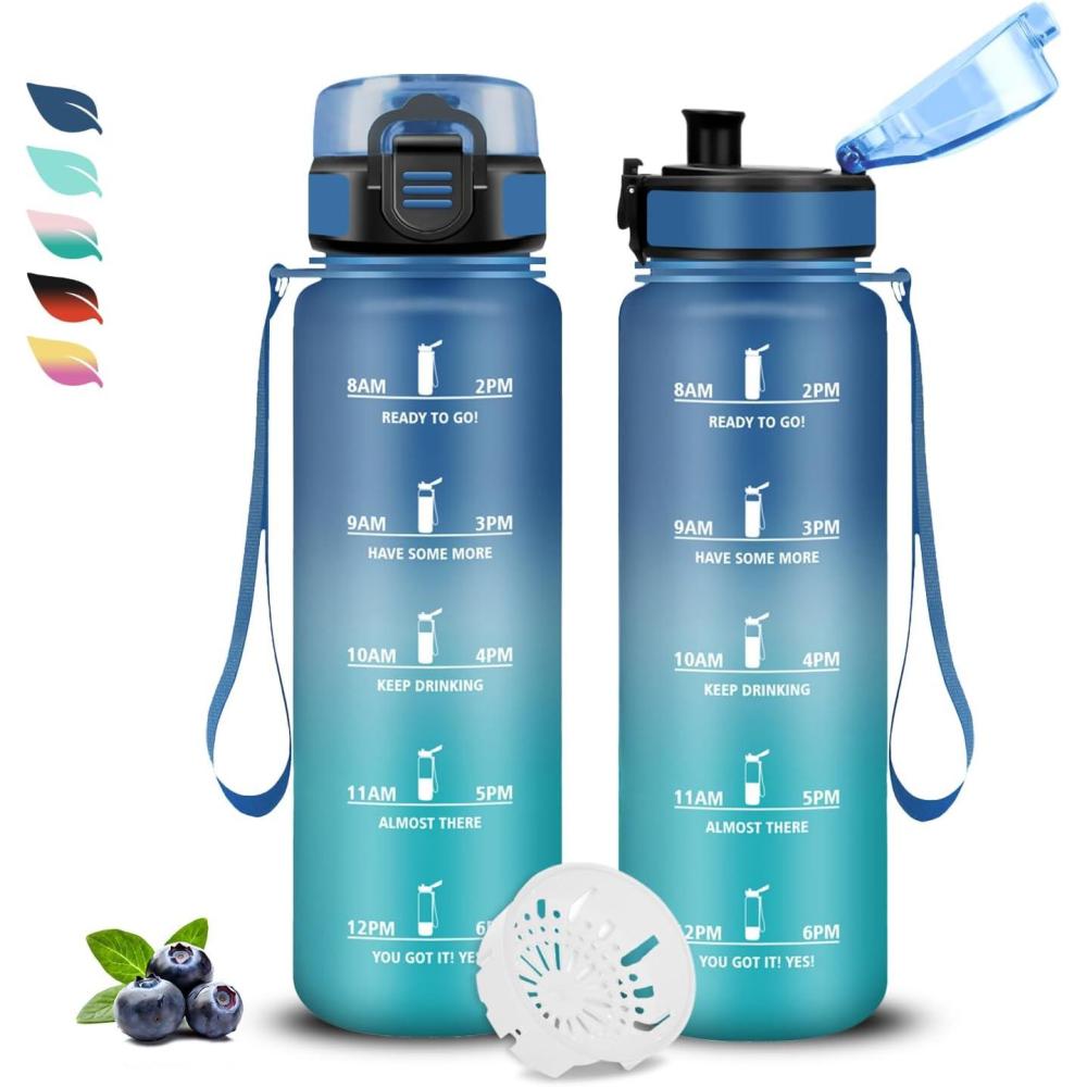 image:imageBouteille Gourde 1l Gourde Sport AntiFuite Facile Nettoyer Water Bottle Motivation avec Slogan de Motivation Bouteille Gradue pour 1 Journee Water Bottle pour Running Voyage cole SportBleuvert