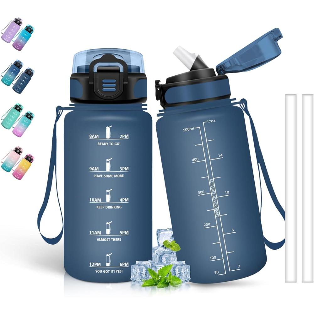 image:imageBouteille deau de 1 l avec paille et indicateur de temps antifuite pour la course le camping et la randonne bouteille de sportBleu Marine