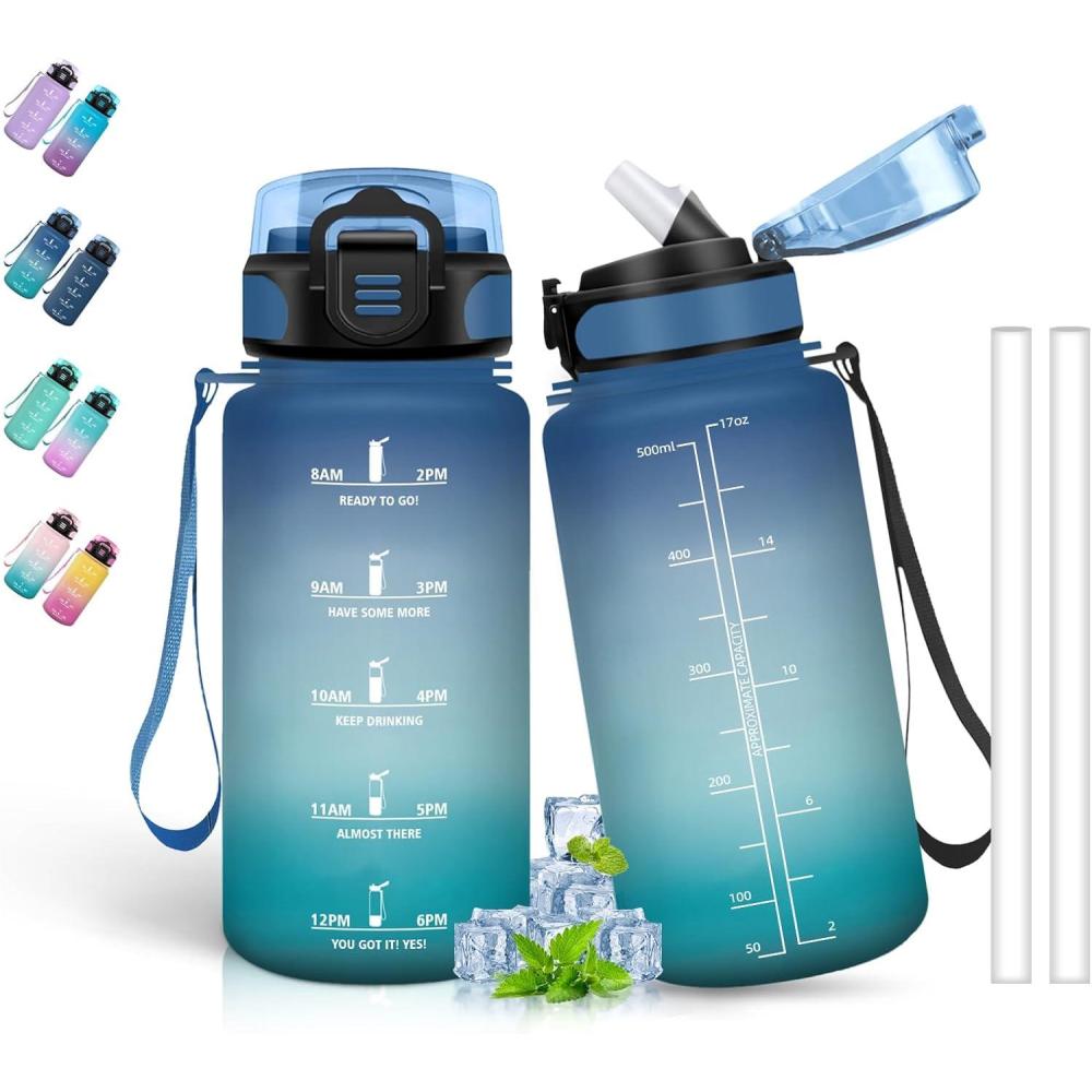 image:imageBouteille deau de 1 l avec paille et indicateur de temps antifuite pour la course le camping et la randonne bouteille de sportBleuvert