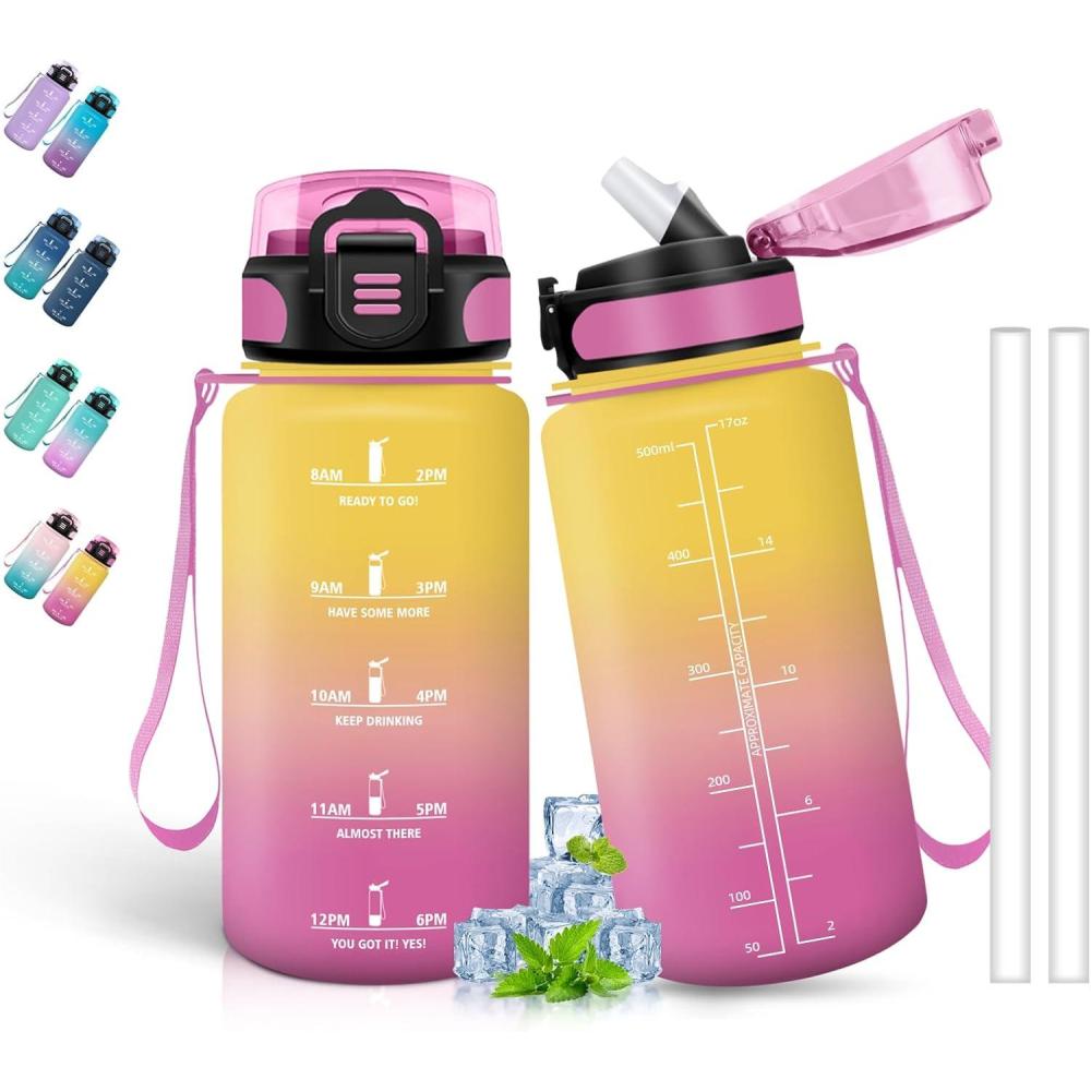 image:imageBouteille deau de 1 l avec paille et indicateur de temps antifuite pour la course le camping et la randonne bouteille de sportJaunerose