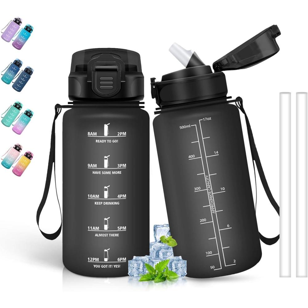 image:imageBouteille deau de 1 l avec paille et indicateur de temps antifuite pour la course le camping et la randonne bouteille de sportNoir