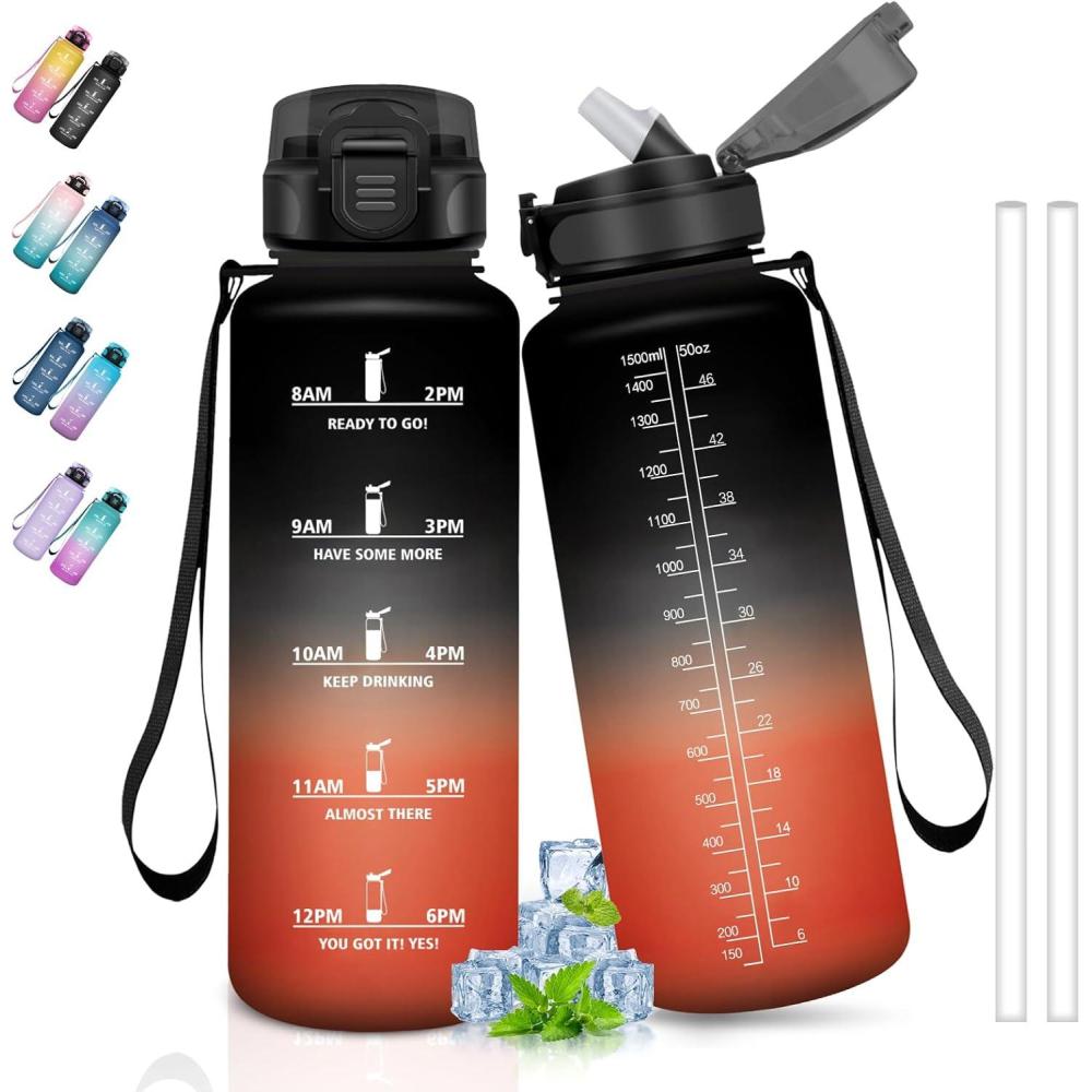 image:imageBouteille deau de 1 l avec paille et indicateur de temps antifuite pour la course le camping et la randonne bouteille de sportNoirrouge1