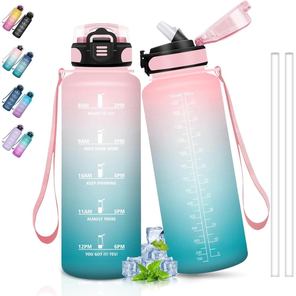 image:imageBouteille deau de 1 l avec paille et indicateur de temps antifuite pour la course le camping et la randonne bouteille de sportRosecyan1