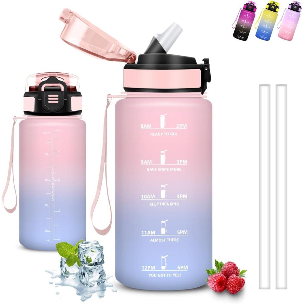 image:imageGrsta Gourde 15l Gourde Sport Anti Fuite Bouteille Gradue pour 1 Journee Facile Nettoyer Bouteille Motivation avec Marqueur de Temps pour Aptitude Randonne Camping Voyage YogaRosebleu