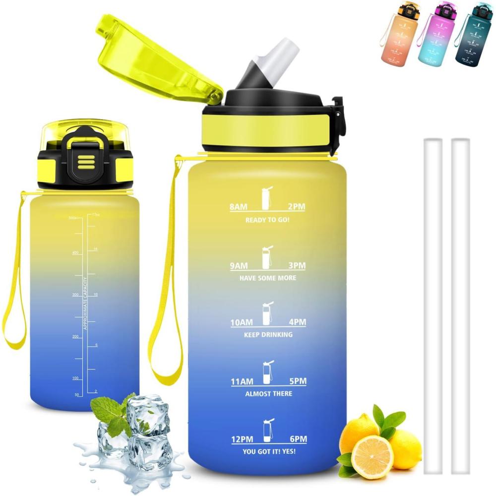 image:imageGrsta Gourde 15l Gourde Sport Anti Fuite Bouteille Gradue pour 1 Journee Facile Nettoyer Bouteille Motivation avec Marqueur de Temps pour Aptitude Randonne Camping Voyage YogaJaunebleu