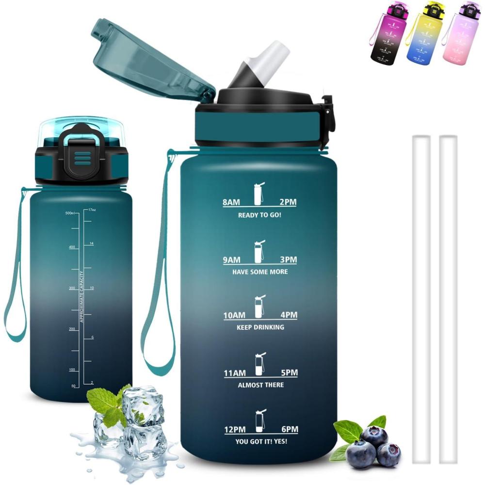 image:imageGrsta Gourde 15l Gourde Sport Anti Fuite Bouteille Gradue pour 1 Journee Facile Nettoyer Bouteille Motivation avec Marqueur de Temps pour Aptitude Randonne Camping Voyage YogaVertgris