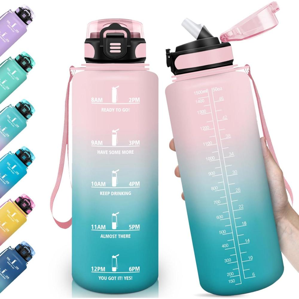 image:imageHoneyHolly Gourde 15L Bouteille Gourde Sport avec Paille Gourde Motivation avec Marqueur de Temps Bouteille deau tanche Bouteille deau pour Randonne Camping Fitness CyclismeRose  Cyan1 5 L
