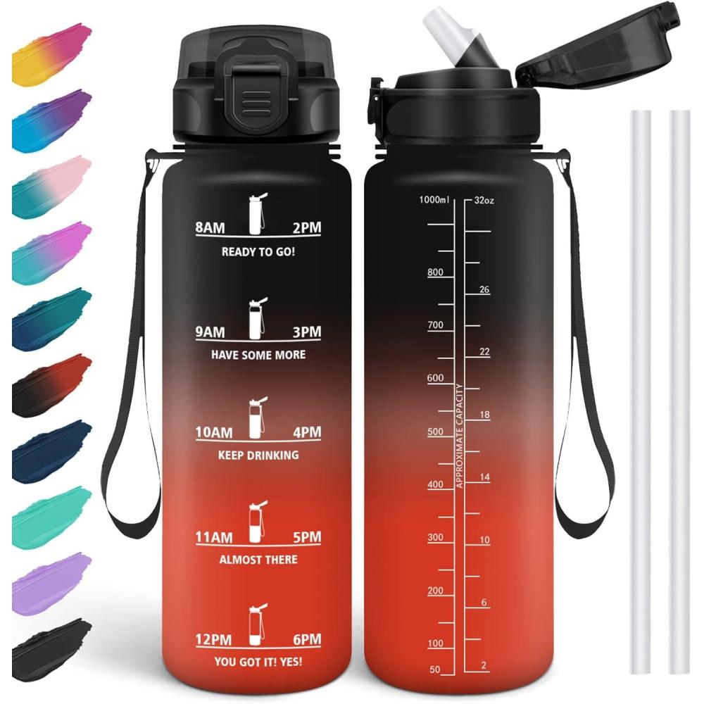 image:imageHoneyHolly Gourde 15L Bouteille Gourde Sport avec Paille Gourde Motivation avec Marqueur de Temps Bouteille deau tanche Bouteille deau pour Randonne Camping Fitness CyclismeNoirrouge1l