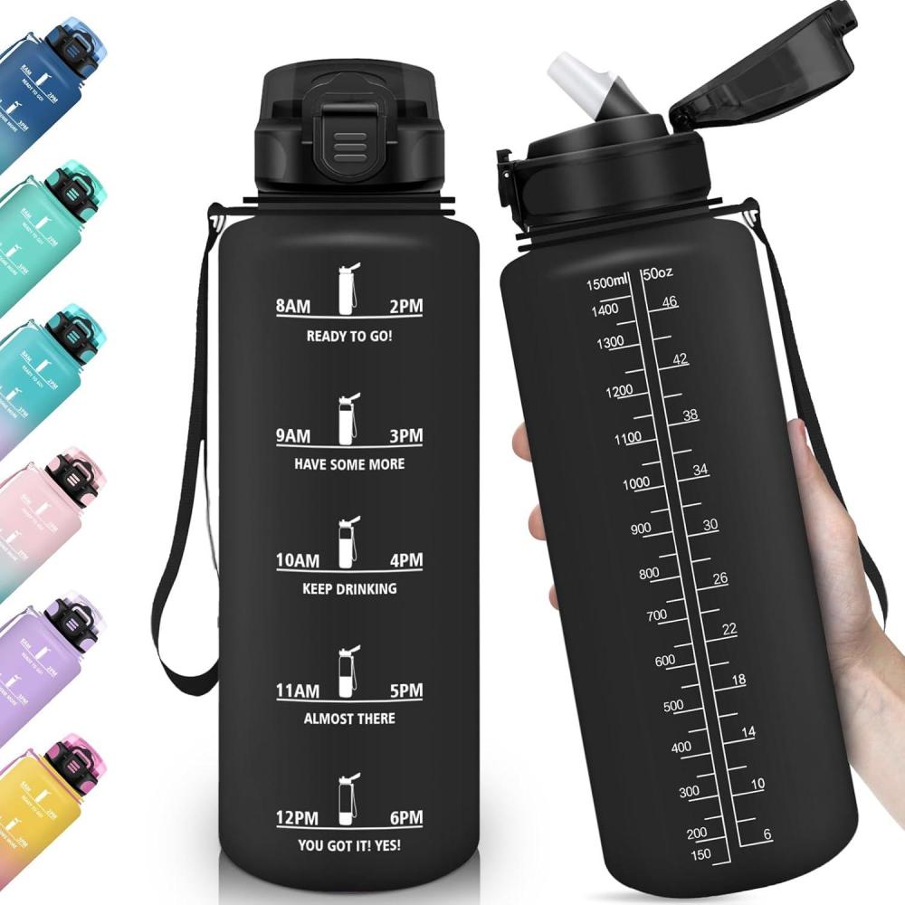 image:imageHoneyHolly Gourde 15L Bouteille Gourde Sport avec Paille Gourde Motivation avec Marqueur de Temps Bouteille deau tanche Bouteille deau pour Randonne Camping Fitness CyclismeNoir1 5 L