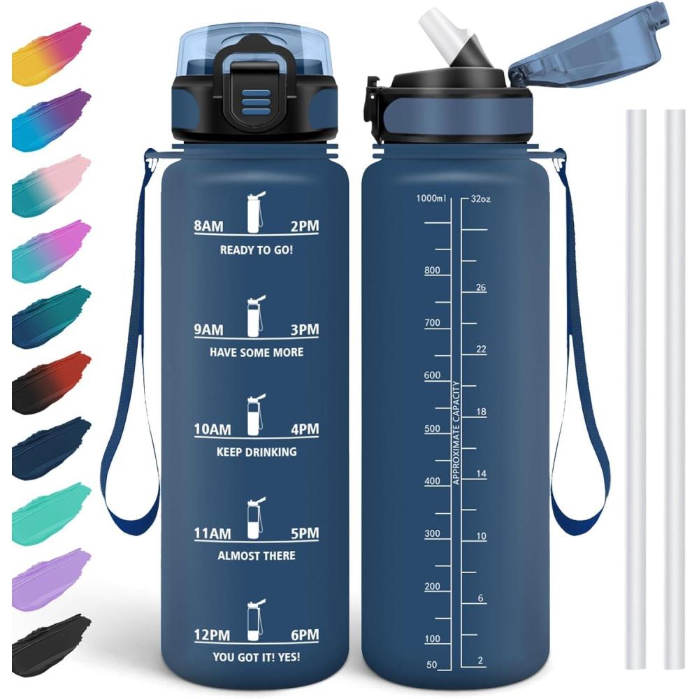 image:imageHoneyHolly Gourde 15L Bouteille Gourde Sport avec Paille Gourde Motivation avec Marqueur de Temps Bouteille deau tanche Bouteille deau pour Randonne Camping Fitness CyclismeBleu Marine1l