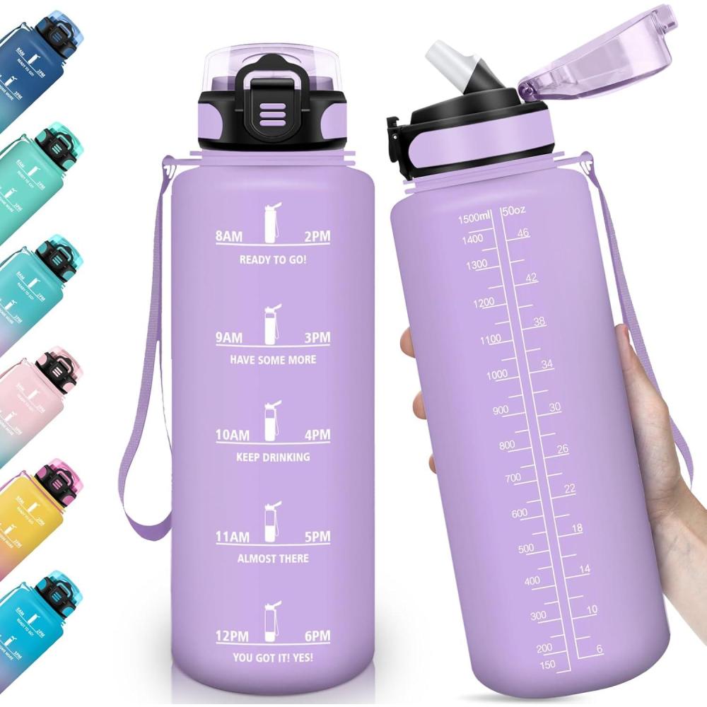 image:imageHoneyHolly Gourde 15L Bouteille Gourde Sport avec Paille Gourde Motivation avec Marqueur de Temps Bouteille deau tanche Bouteille deau pour Randonne Camping Fitness CyclismeViolet  Clair1 5 L