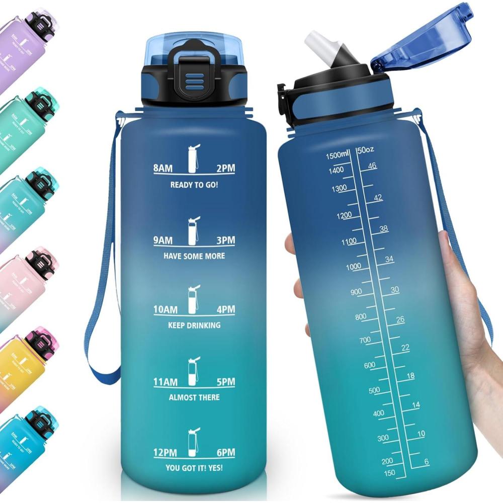 image:imageHoneyHolly Gourde 15L Bouteille Gourde Sport avec Paille Gourde Motivation avec Marqueur de Temps Bouteille deau tanche Bouteille deau pour Randonne Camping Fitness CyclismeBleu Vert1 5 L