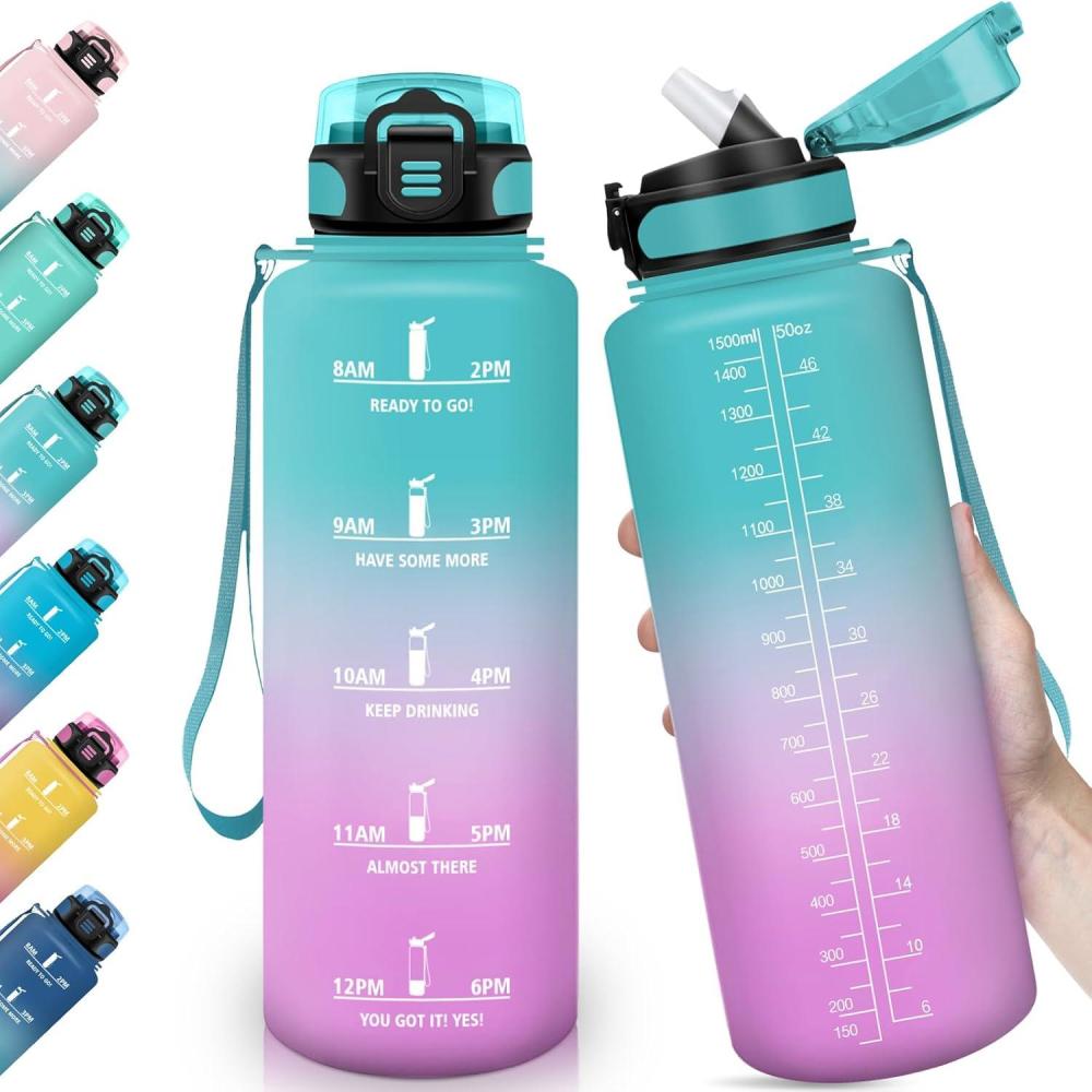 image:imageHoneyHolly Gourde 15L Bouteille Gourde Sport avec Paille Gourde Motivation avec Marqueur de Temps Bouteille deau tanche Bouteille deau pour Randonne Camping Fitness CyclismeVert Poudre1 5 L