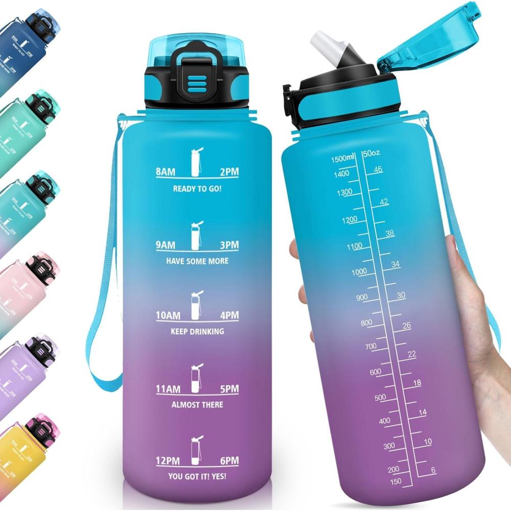 image:imageHoneyHolly Gourde 15L Bouteille Gourde Sport avec Paille Gourde Motivation avec Marqueur de Temps Bouteille deau tanche Bouteille deau pour Randonne Camping Fitness CyclismeBleu Violet1 5 L