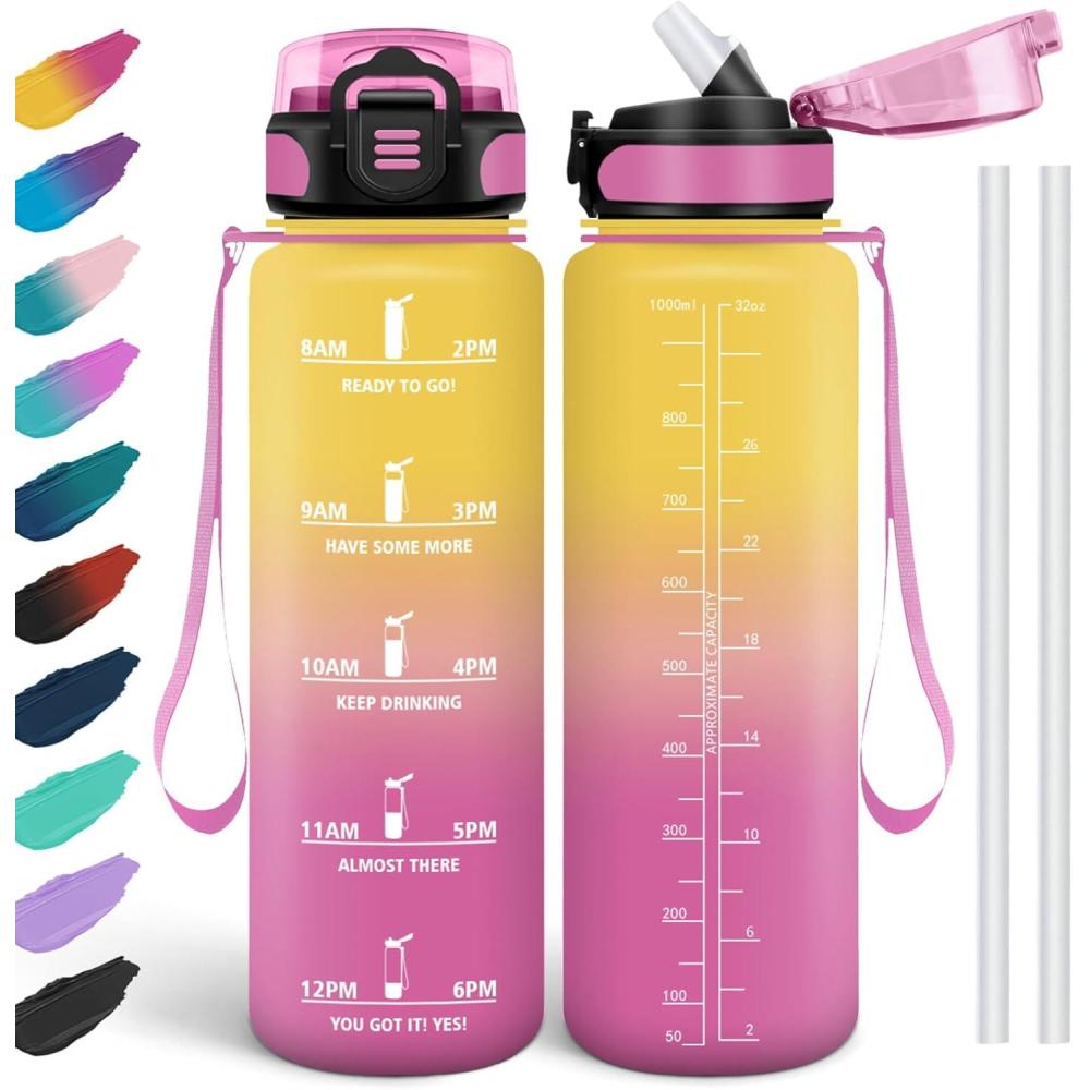 image:imageHoneyHolly Gourde 15L Bouteille Gourde Sport avec Paille Gourde Motivation avec Marqueur de Temps Bouteille deau tanche Bouteille deau pour Randonne Camping Fitness CyclismeJaunerose1l