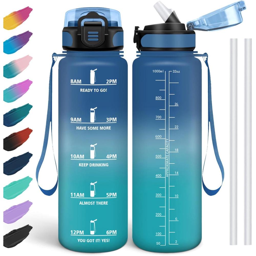 image:imageHoneyHolly Gourde 15L Bouteille Gourde Sport avec Paille Gourde Motivation avec Marqueur de Temps Bouteille deau tanche Bouteille deau pour Randonne Camping Fitness CyclismeBleuvert1l